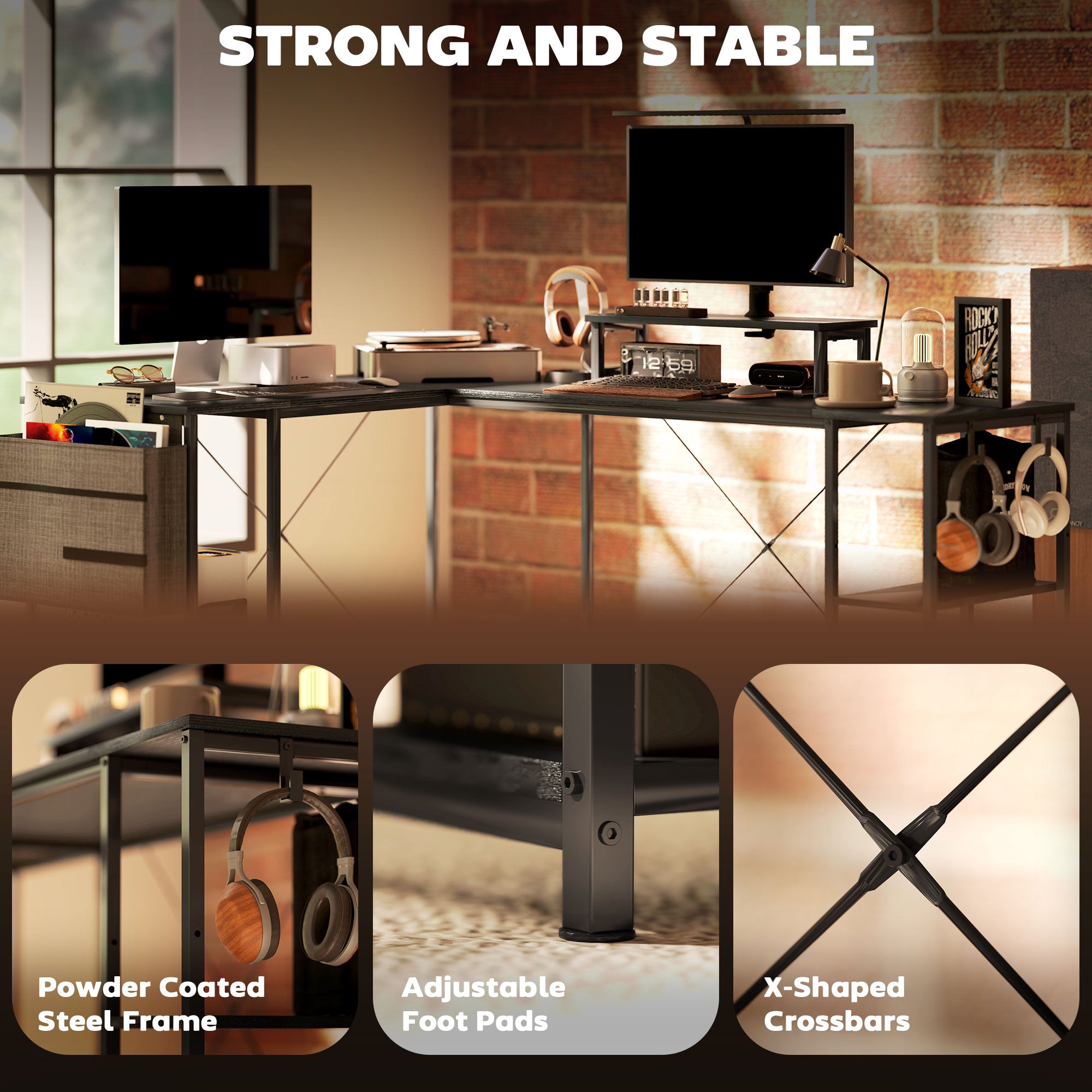 HOMCOM 168cm Reversible L Shaped Desk, Industrial Corner Computer Desk with Adjustable Shelf and Storage Bag, 240cm 2 Person Desk with Monitor Stand, Black - North Peak Garden Furniture