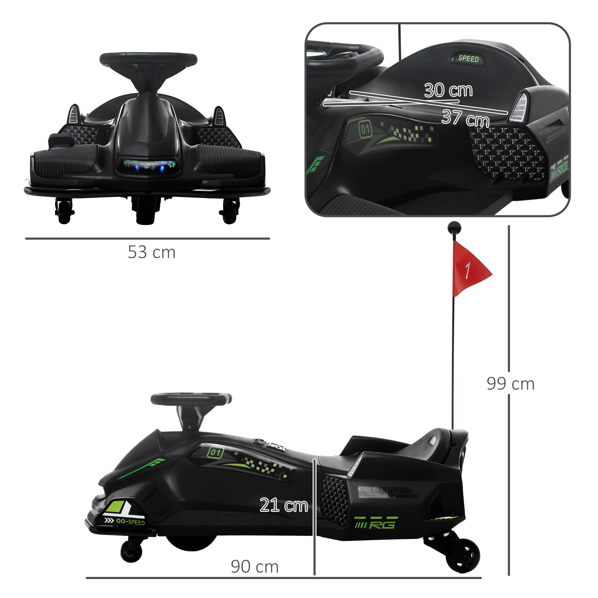 HOMCOM 12V Kids Electric Go Kart with Music, LED Lights, Slow Start, Black - North Peak Garden Furniture