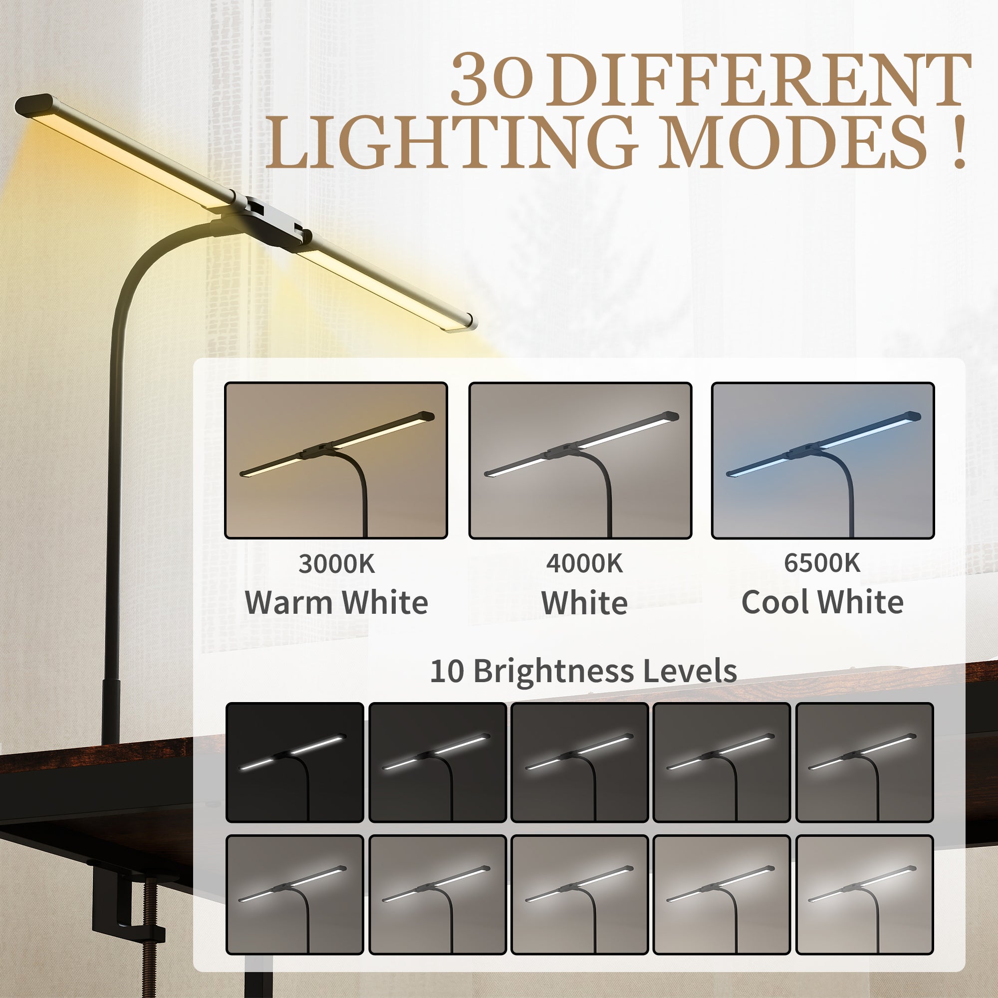 HOMCOM LED Desk Lamp with Clamp, Double Head Table Lamp with 3 Colour Modes & 10 Brightness Levels, Flexible Gooseneck Reading Desk Light with Timer and Memory Function for Study, Office, Work, Black - North Peak Garden Furniture