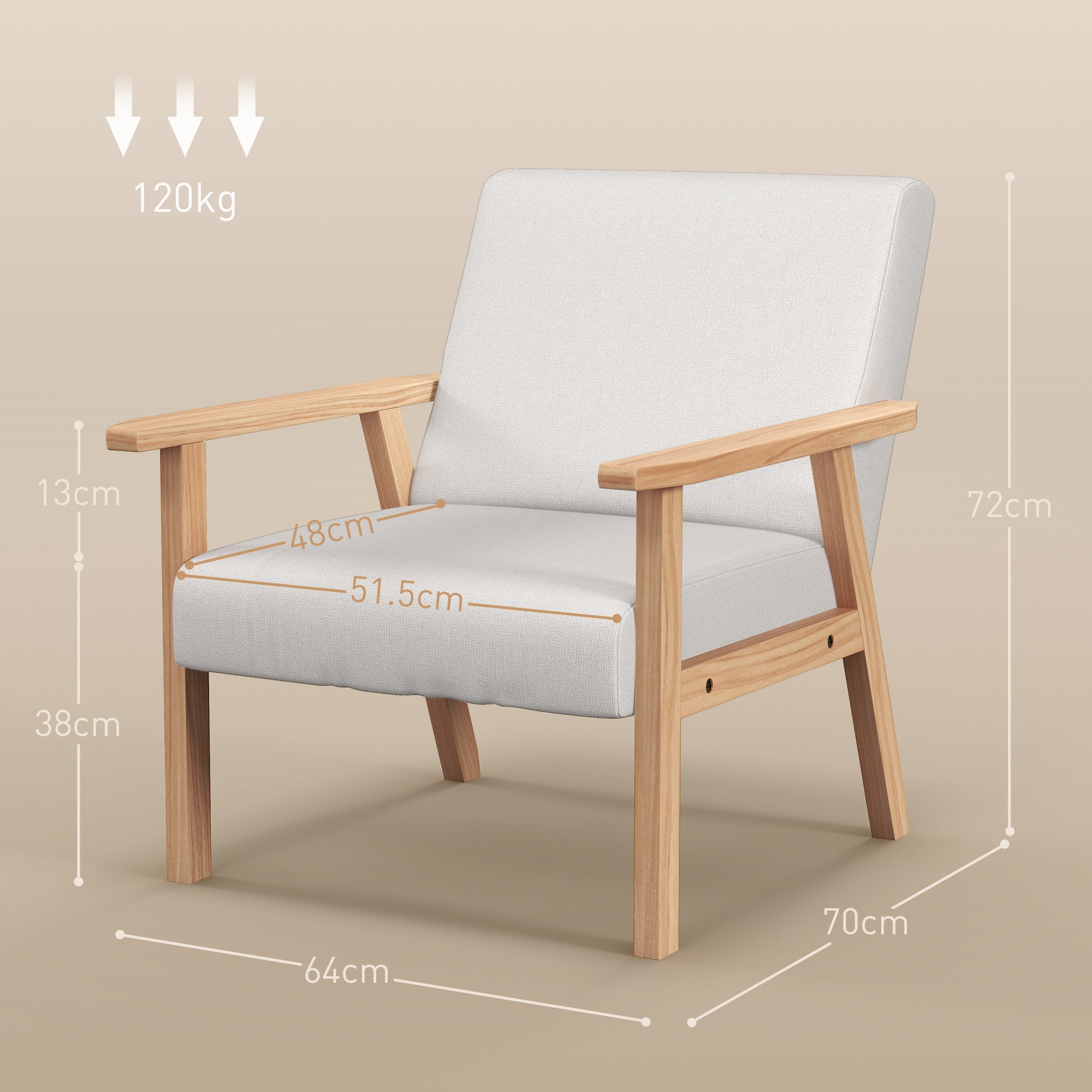 HOMCOM Accent Chair Wood Frame with Thick Linen Cushions Wide Seat Armchair Home Furniture Bedroom Office Cream White - North Peak Garden Furniture