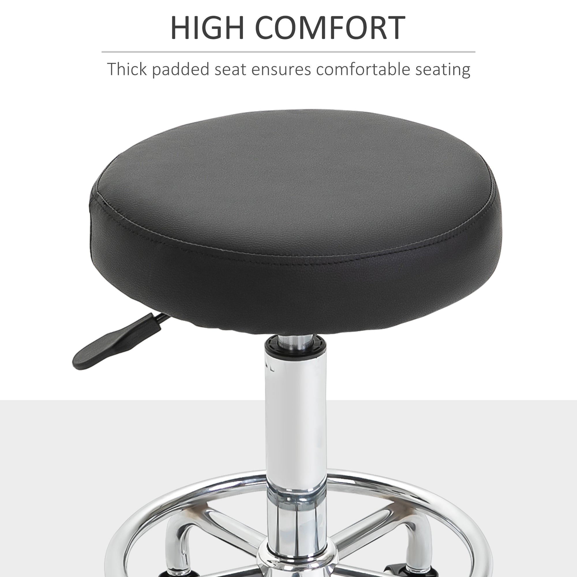 Vinsetto Round Rolling Stool, PU Leather Height Adjustable Stool Chair with Wheels and Swivel Seat for Salon, Massage, Spa, Home Kitchen, Black - North Peak Garden Furniture