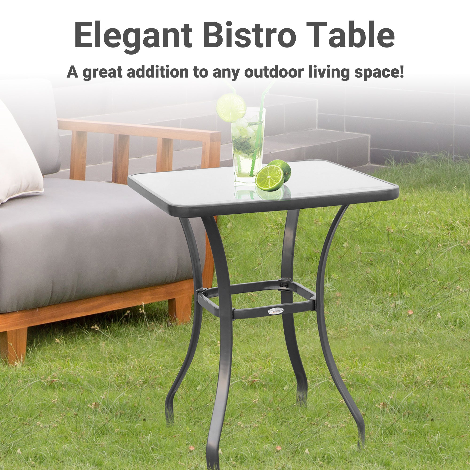 Outsunny Square Garden Table, Outdoor Coffee Table with Tempered Glass Top, Bar Bistro Dining Table, Metal Frame for Patio, Balcony, 68.5 x 68.5 x 84cm - North Peak Garden Furniture
