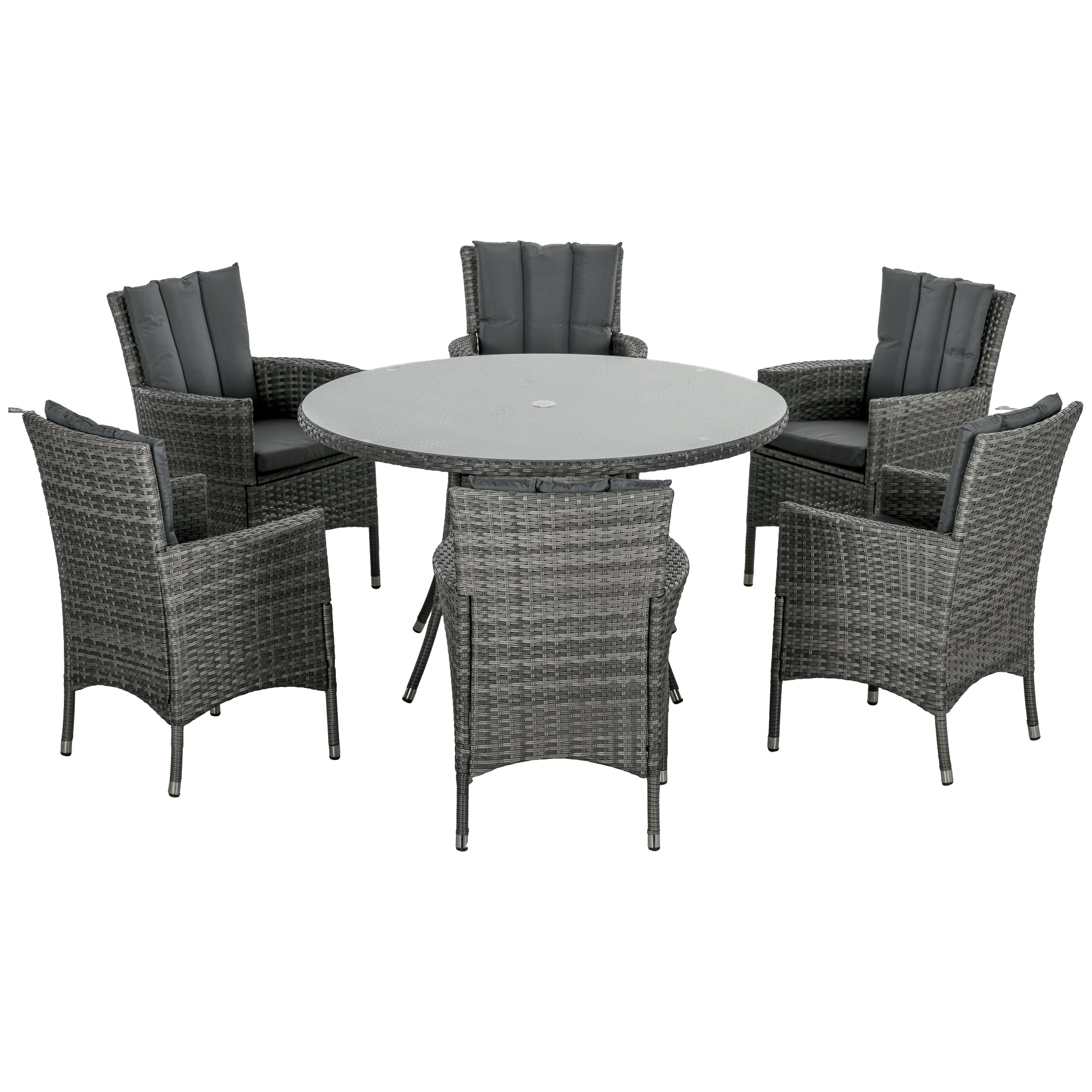 Outsunny Seven-Piece Rattan Dining Table, with Round Glass-Top Table