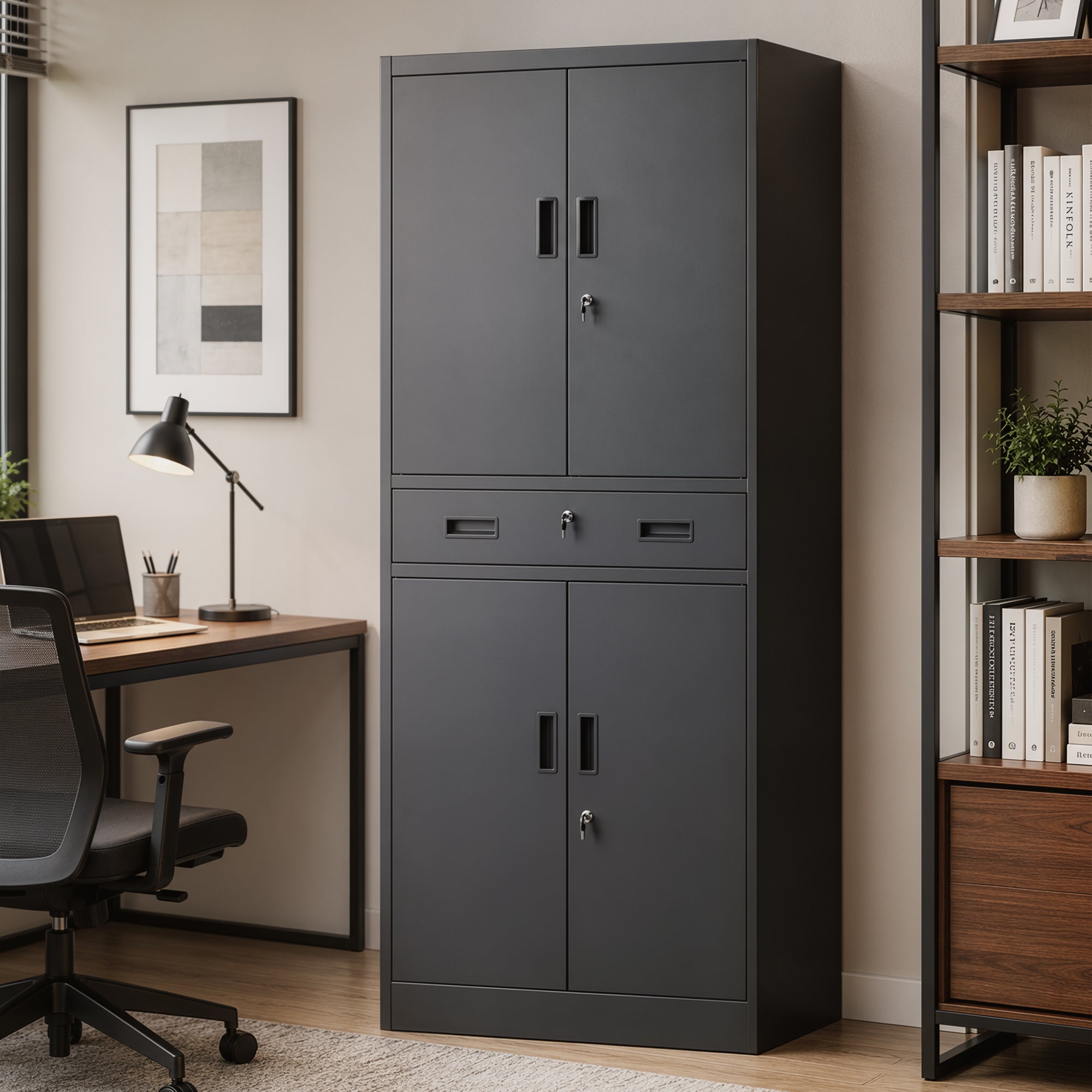HOMCOM Metal Storage Cabinet, 180cm Tall Tool Cabinet with Locking Doors, Drawer and Adjustable Shelves, Black
