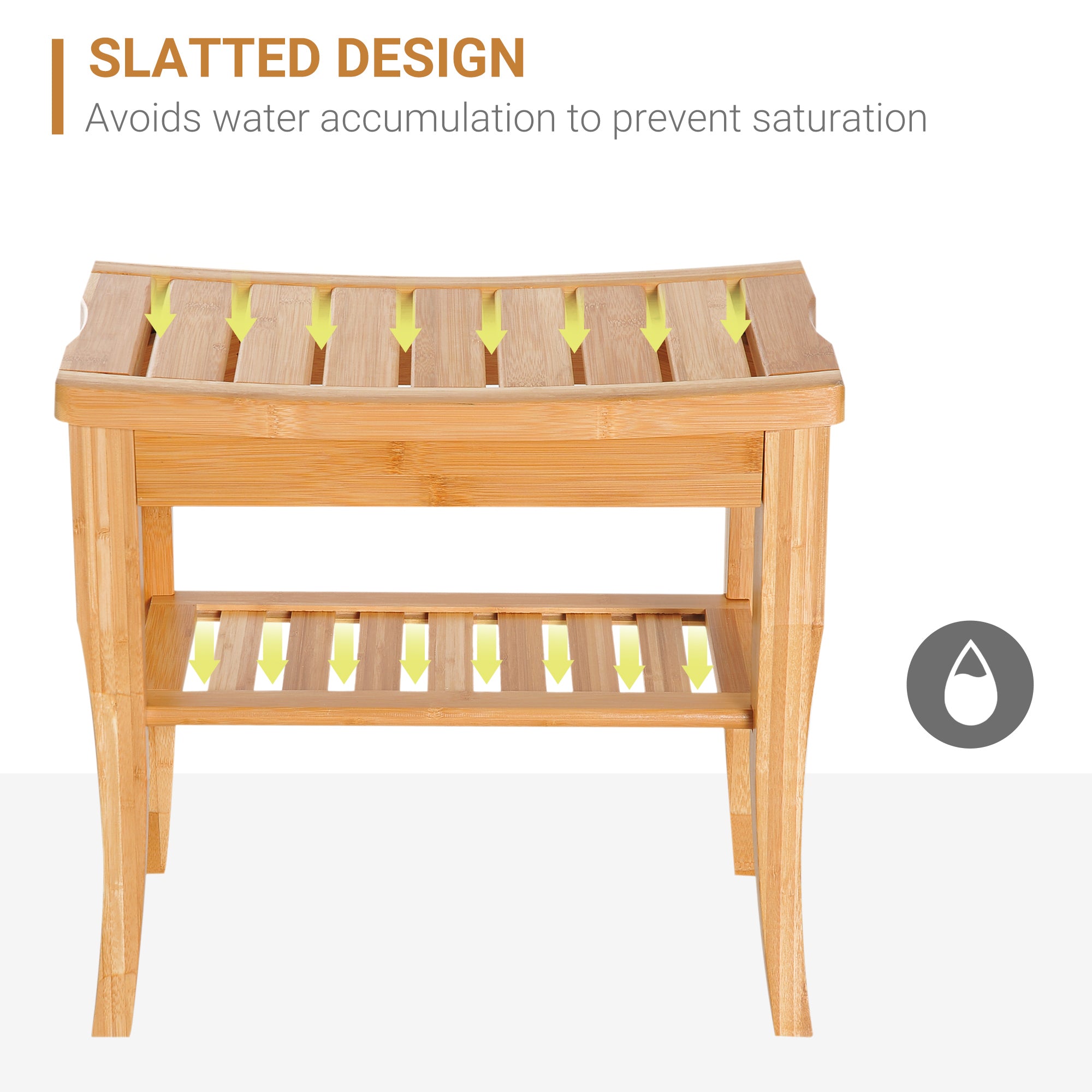 HOMCOM 45cm 2-Tier Slatted Shower Bench Storage Seat w/ 4 Legs Comfortable Safe Bathroom Stool Spa Bath Organiser - North Peak Garden Furniture