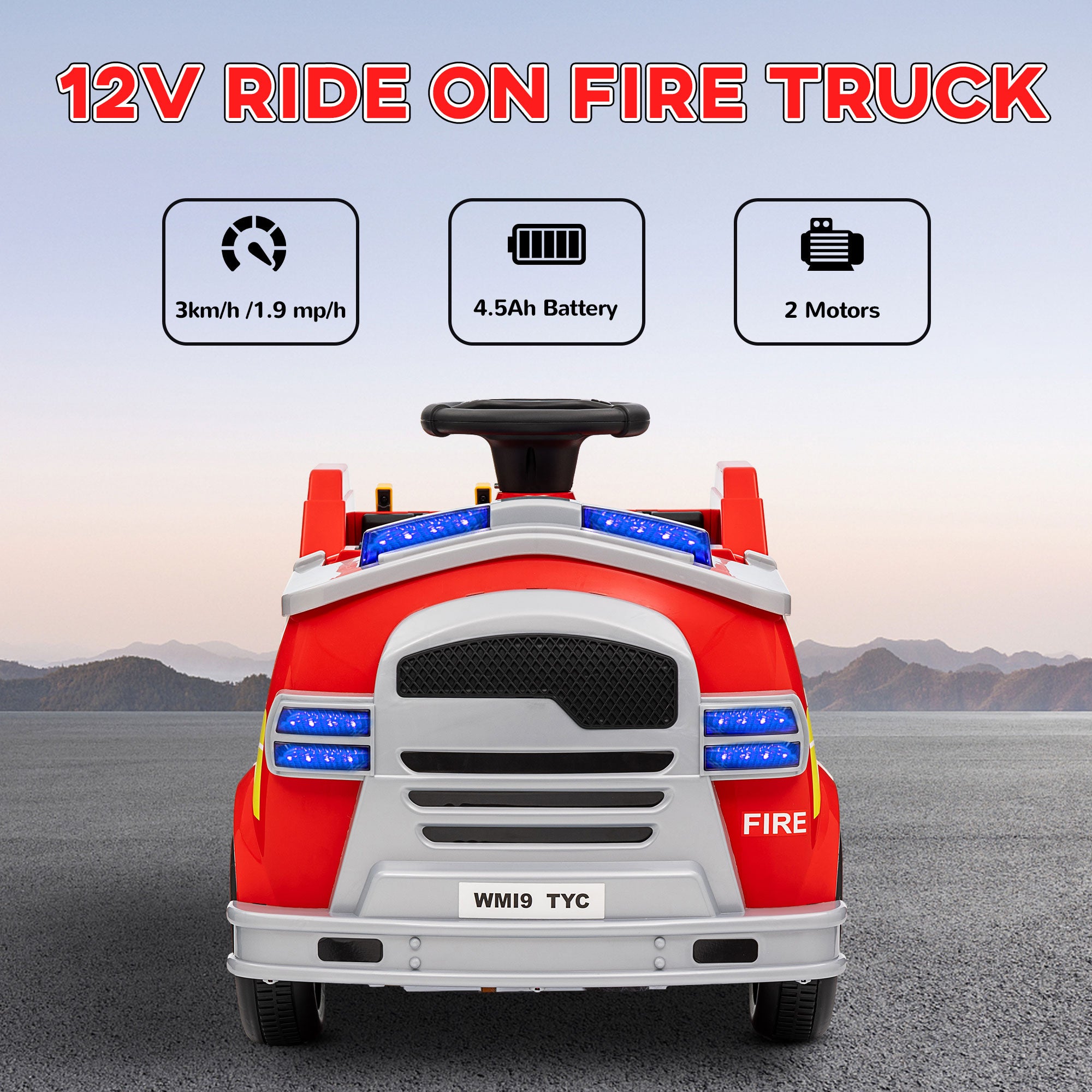 AIYAPLAY Ride on Fire Truck, 12V Kids Electric Car with Siren and Flashing Lights, Firefighting Tools, Music Horn, Slow Start