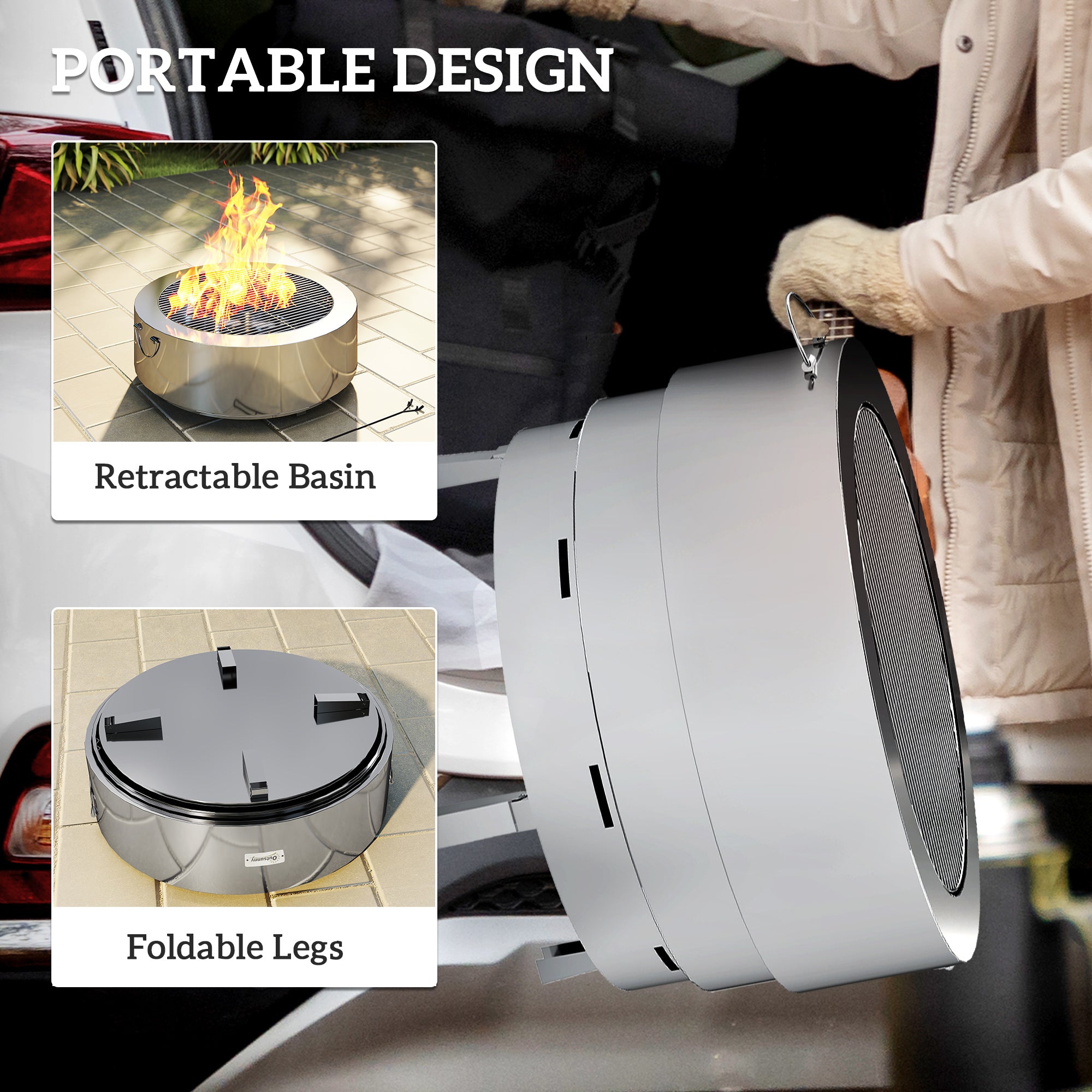 Outsunny Stainless Steel Wood-burning Fire Pit with Fire Poker - Silver - North Peak Garden Furniture