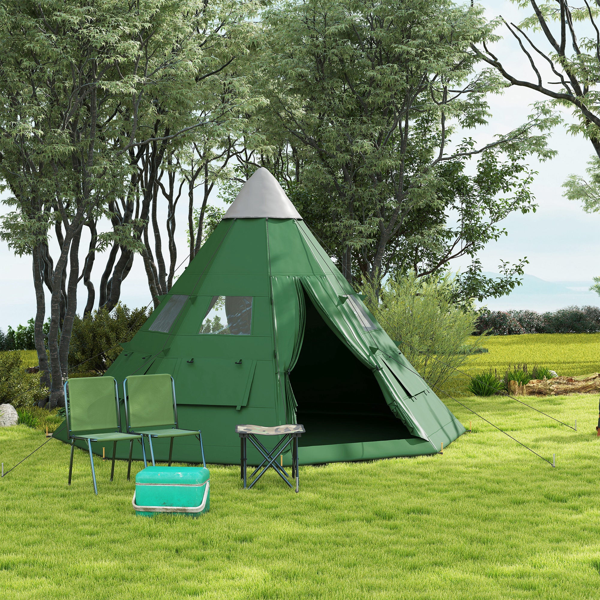 Outsunny 6 Men Tipi Tent with Carry Bag - Green - North Peak Garden Furniture