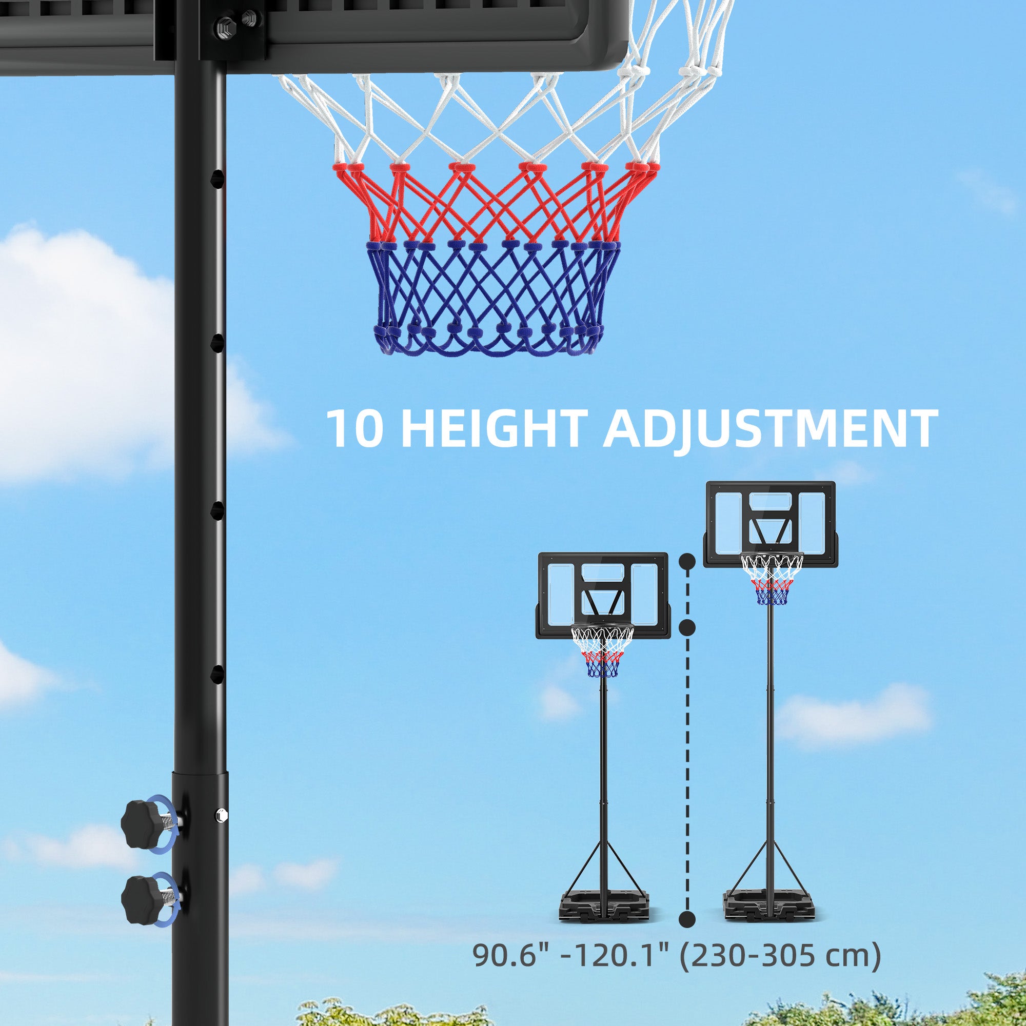 SPORTNOW Basketball Hoop Outdoor, Basketball Hoop and Stand with 10-Level Adjustable Height, Weighted Base, Portable on Wheels, 2.3-3.05m, for Teens, Juniors, Adults - North Peak Garden Furniture