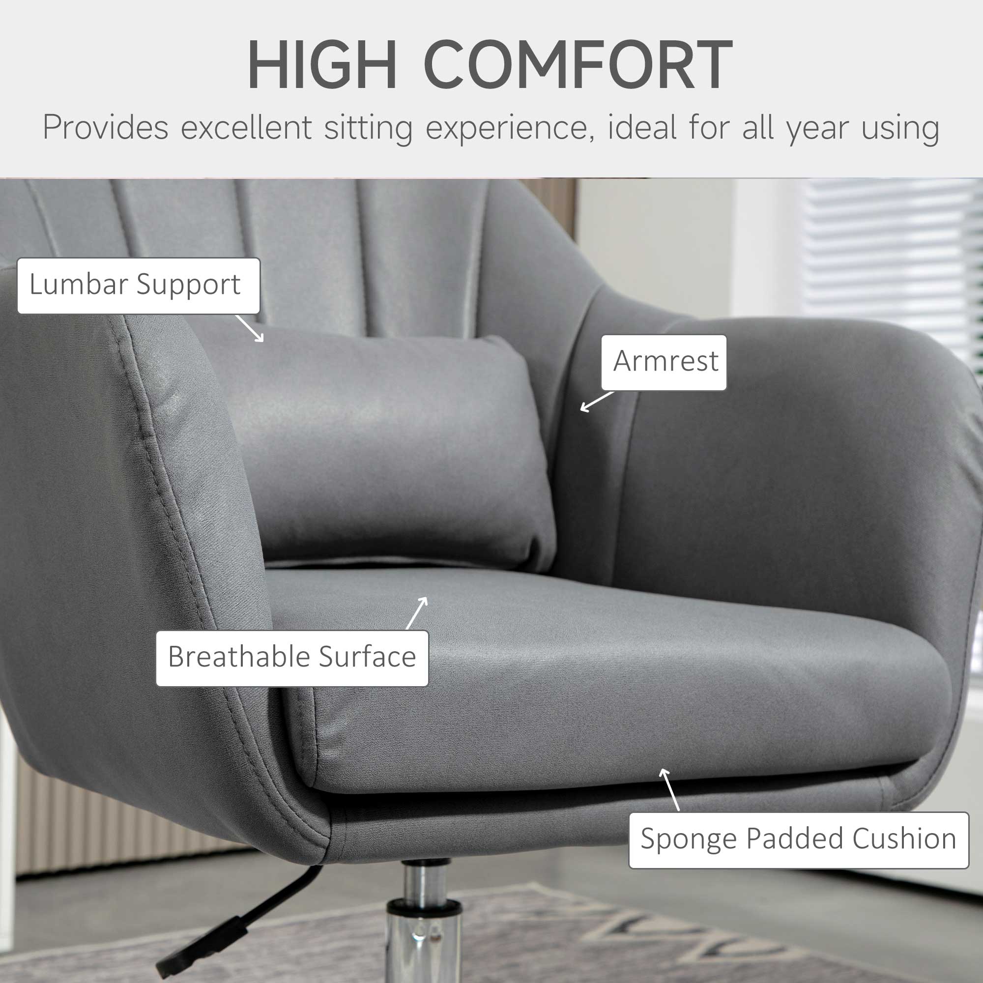 HOMCOM Swivel Microfibre Accent Chair for Living Room Contemporary Vanity Armchair with Adjustable Height Thick Cushion Lumbar Support Armrest for Bedroom Office Dark Grey - North Peak Garden Furniture