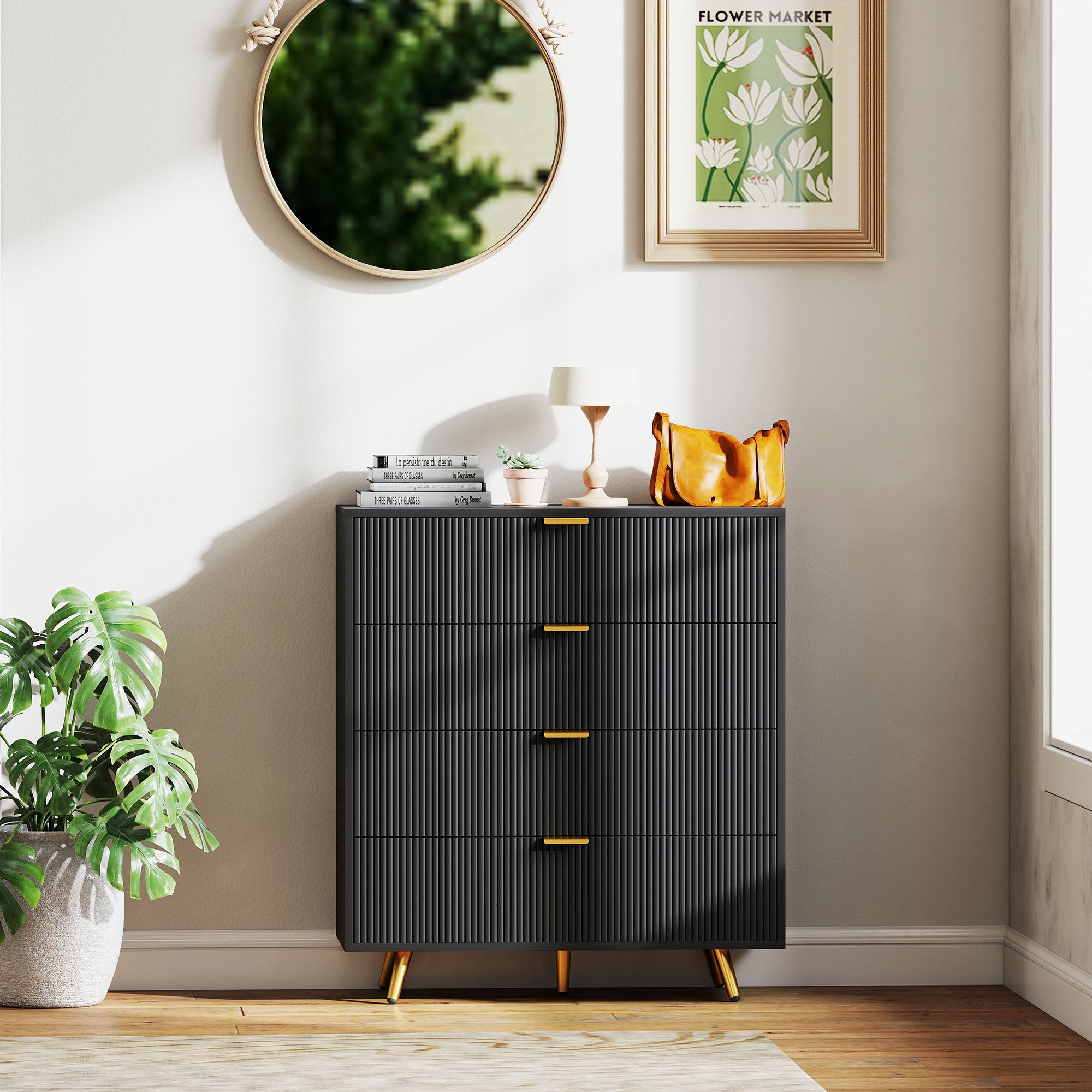 HOMCOM Bedroom Chest of Drawers with 4 Drawers, Fluted Dresser with Gold Tone Handles, Storage Cabinet for Bedroom, Living Room, Hallway, Entryway, Black