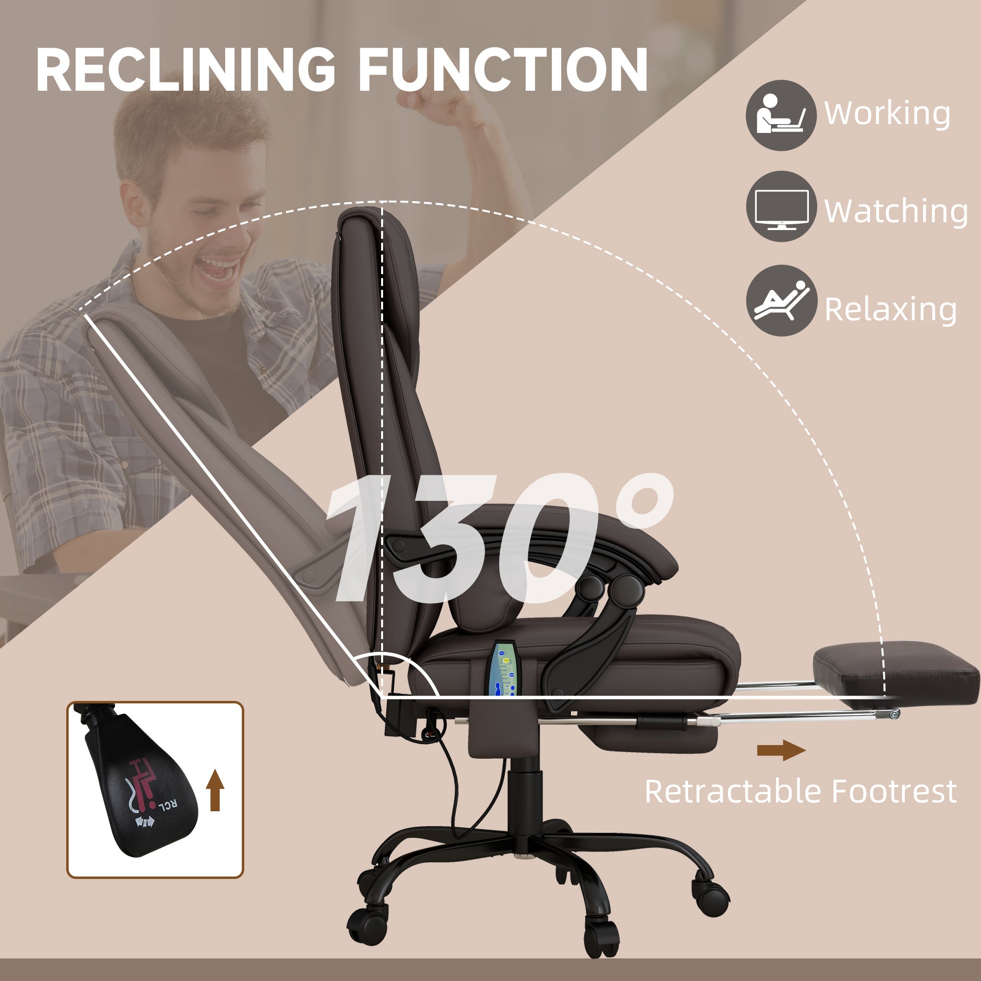 Vinsetto 6-Point Massage Office Chair, PU Leather Desk Chair with Adjustable Height and Footrest for Home Office, Brown - North Peak Garden Furniture
