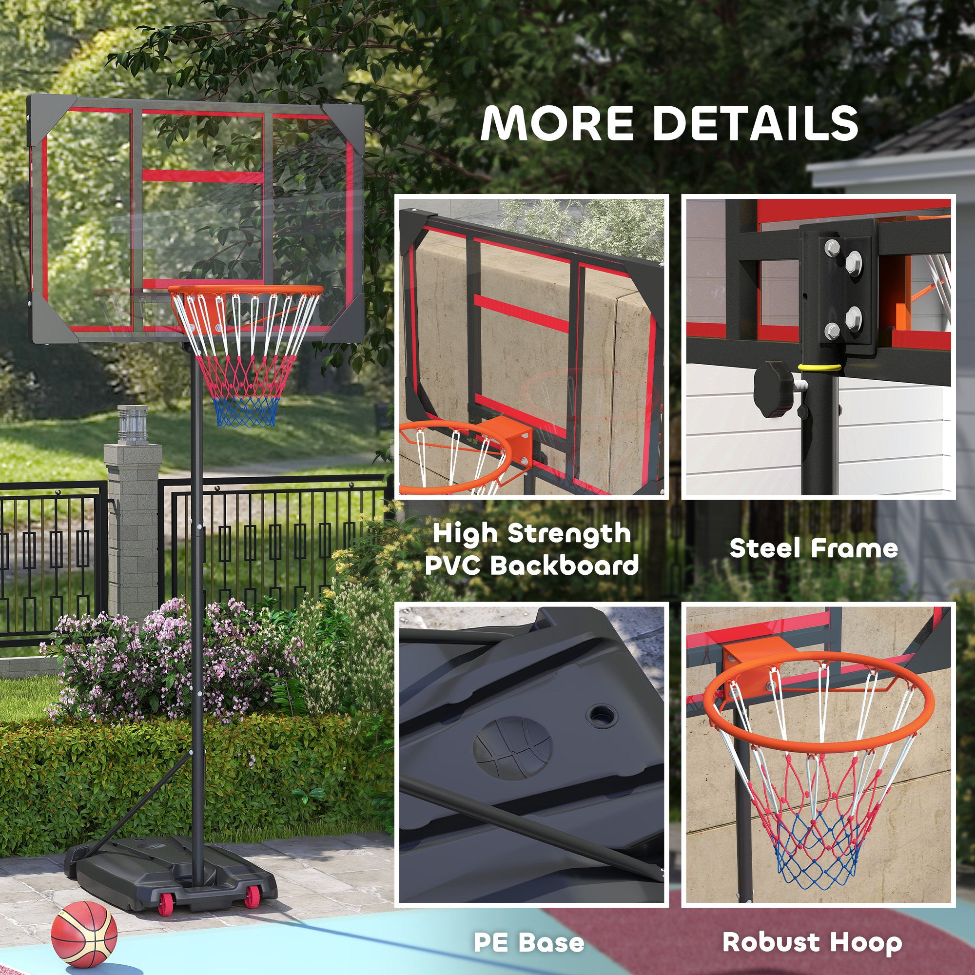 AIYAPLAY Basketball Hoop Outdoor Indoor, 210-260cm Height Adjustable Basketball Hoop with Wheels, Larger Base, for 6+ Years, Red