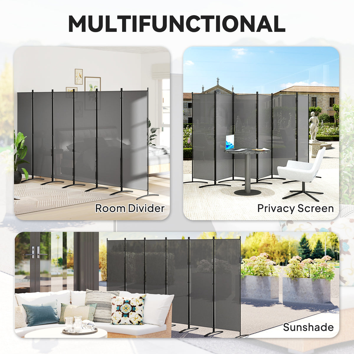 Outsunny 6 Panel Folding Room Divider, 1.7m Privacy Screen with Wide Feet, Portable Freestanding Metal Partition Separator for Office, Living Room, Bedroom, Dining Room, Dark Grey