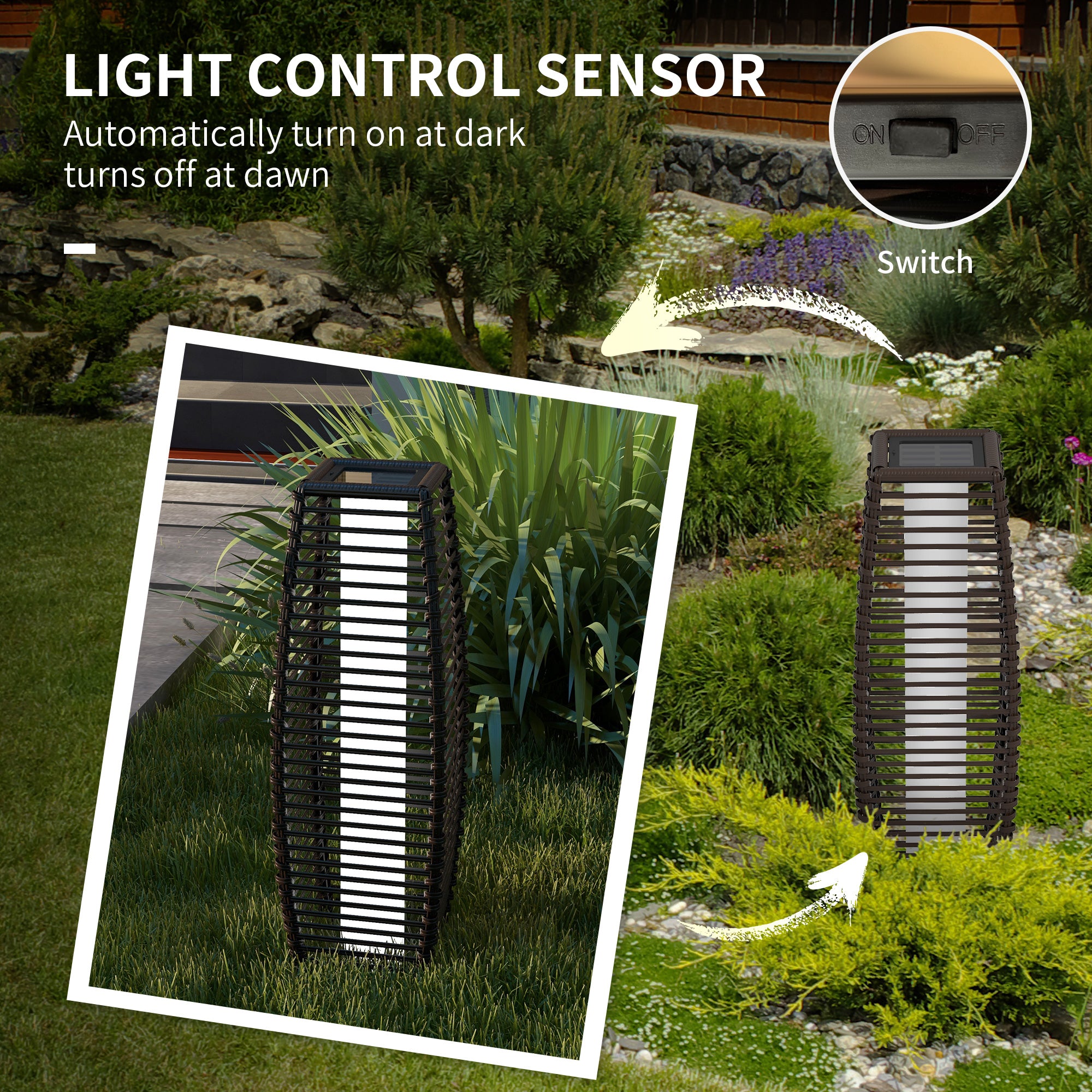 Outsunny Rattan Solar Floor Lamp, 68cm Tall Outdoor Garden Lantern Pathway Light & Decorative Lighting with Auto On/Off LED Lights, IP44, for Porch, Yard, Courtyard, Deck, Brown - North Peak Garden Furniture