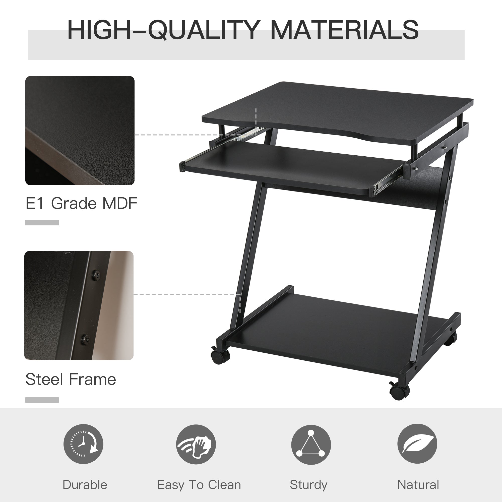 HOMCOM Movable Computer Desk with 4 Moving Wheels Sliding Keyboard Tray Home Office Workstation Black - North Peak Garden Furniture