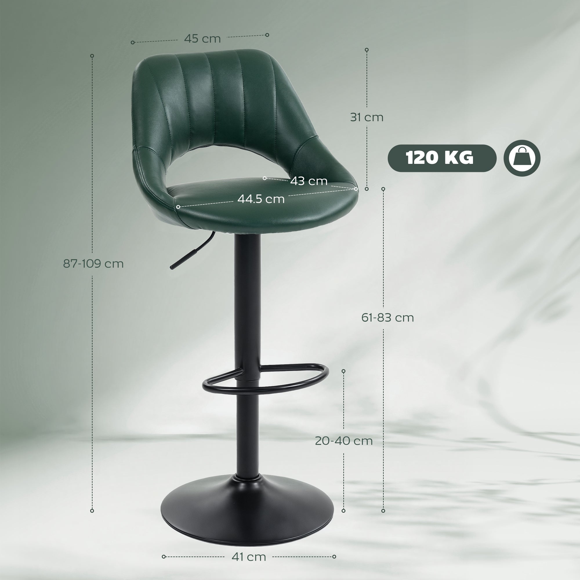 HOMCOM Set of Two Faux Leather Bar Stools - Dark Green