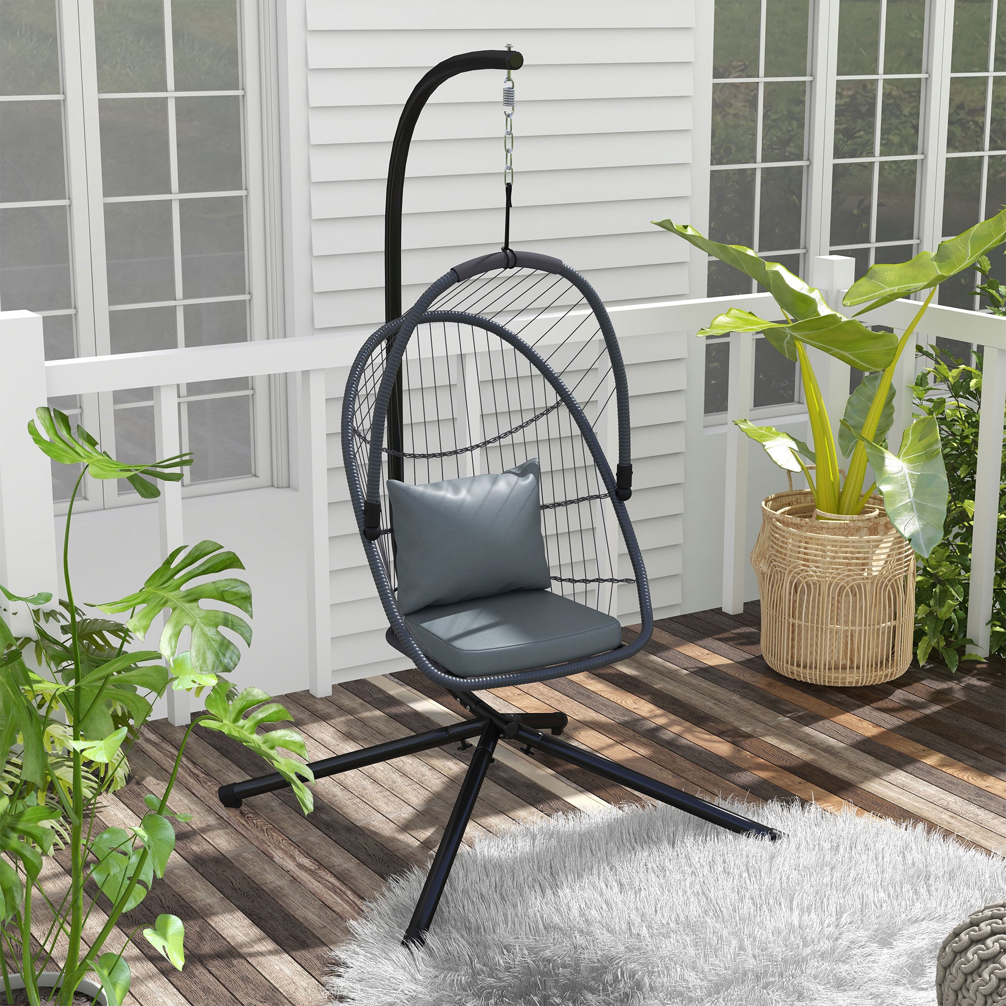 Outsunny Single Egg Chair, with Steel Frame Stand - Grey - North Peak Garden Furniture
