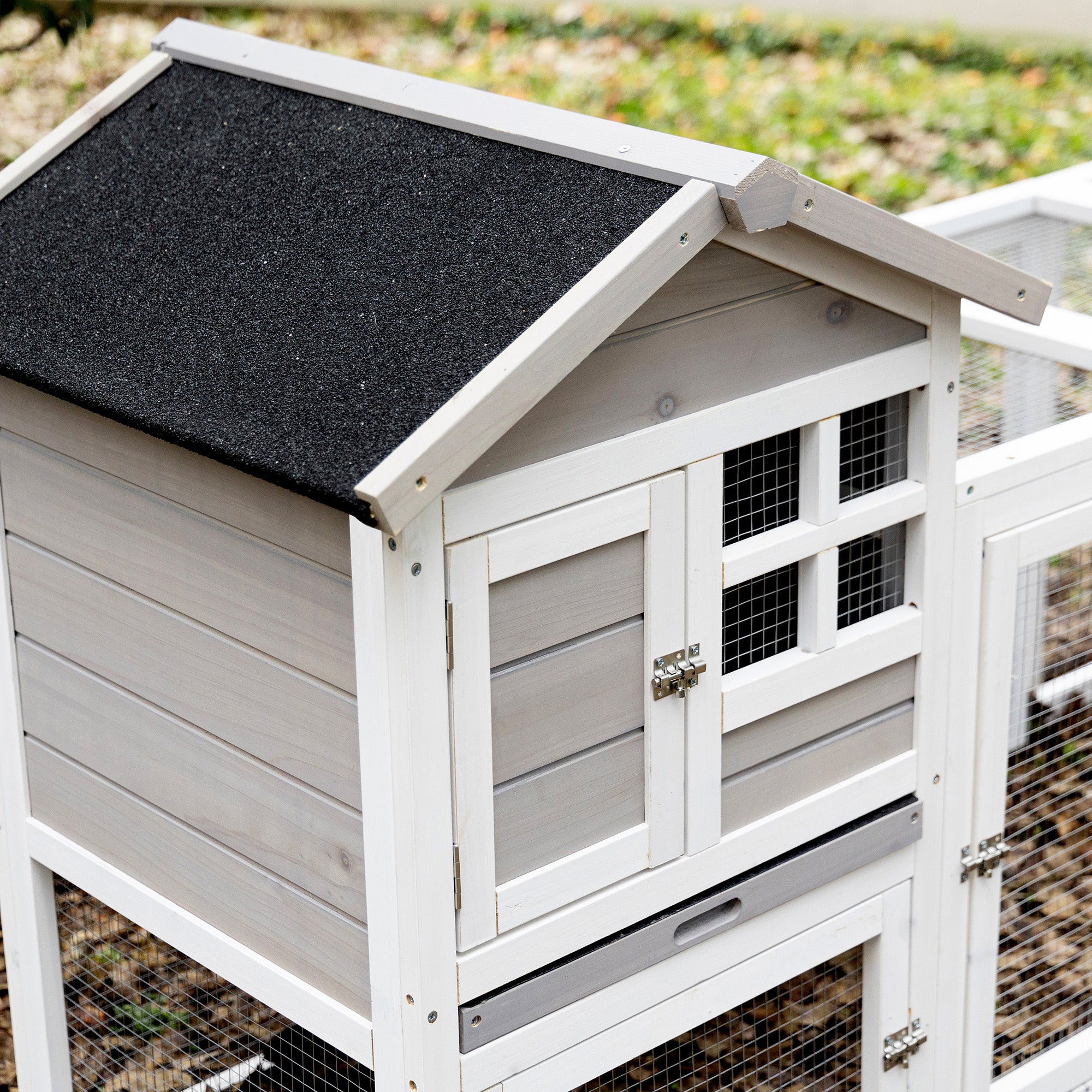 PawHut 2 in 1 Rabbit Hutch Outdoor Guinea Pig Hutch Bunny Run Double Main House with Run, No-Leak Tray 259 x 64 x 92cm, Grey - North Peak Garden Furniture