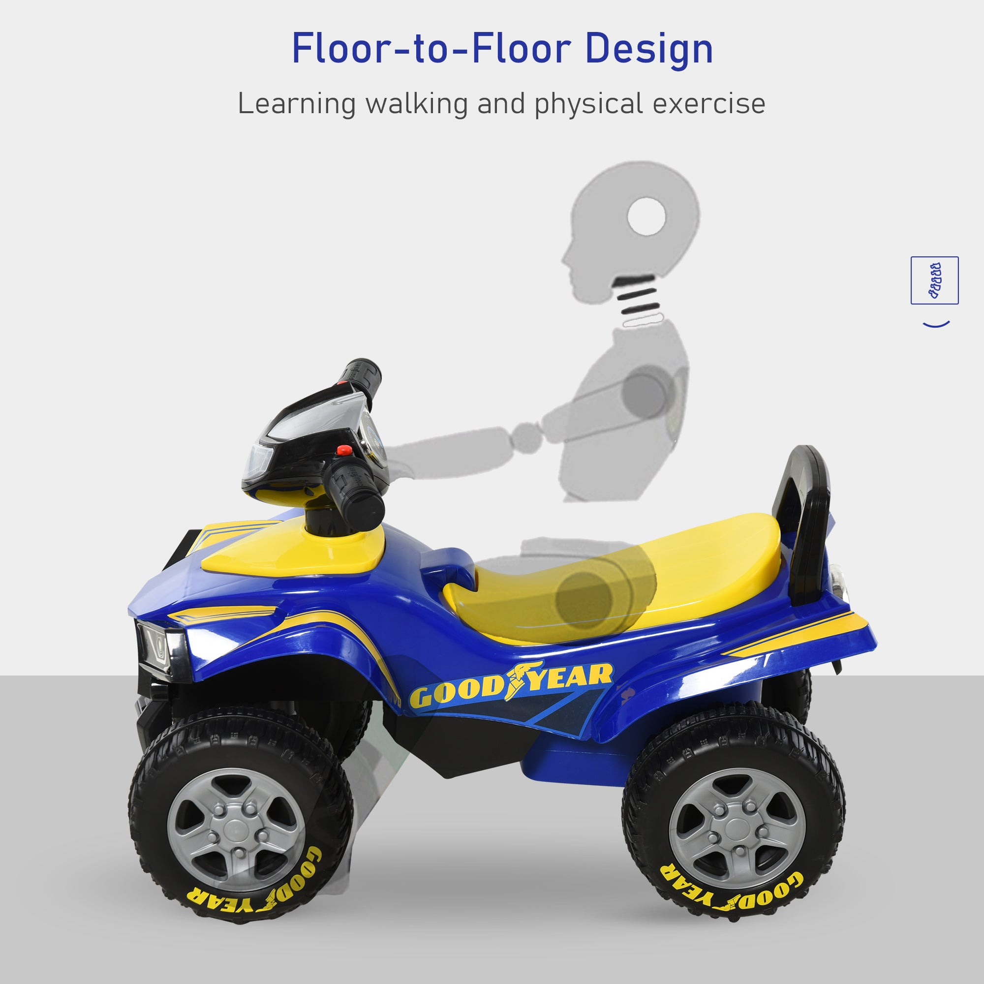 HOMCOM Baby Quad Bike Kids Ride On Car Goodyear Licensed Walker Foot To Floor Slider NO POWER w/ Lights Horn Storage Blue for 18-36 Months - North Peak Garden Furniture