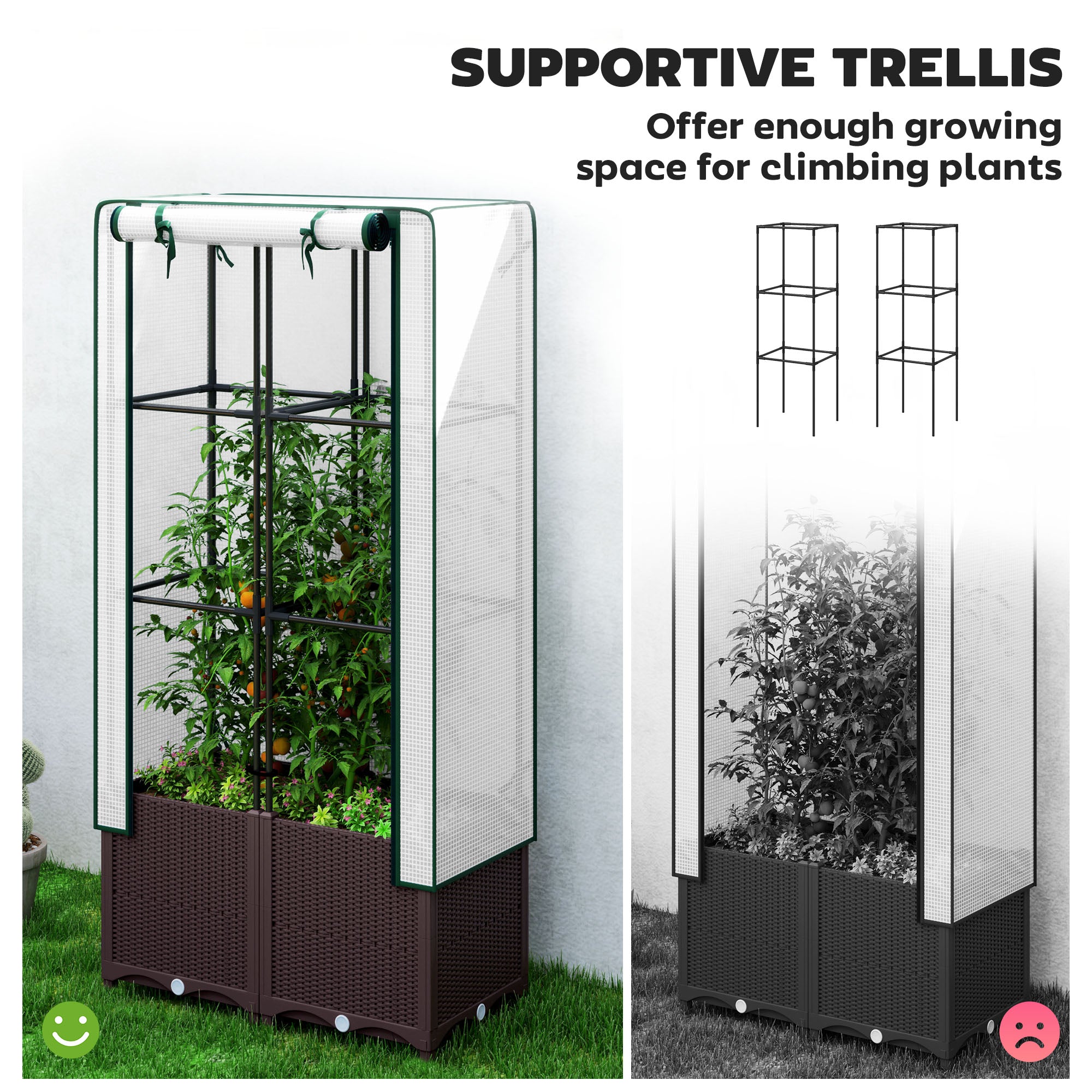 Outsunny Raised Garden Bed with Trellis, Plastic Planter Box with PE Cover, Drainage Holes and Drain Plugs for Climbing Plants, Vegetables, Flowers, 80 x 40 x 140 cm - North Peak Garden Furniture