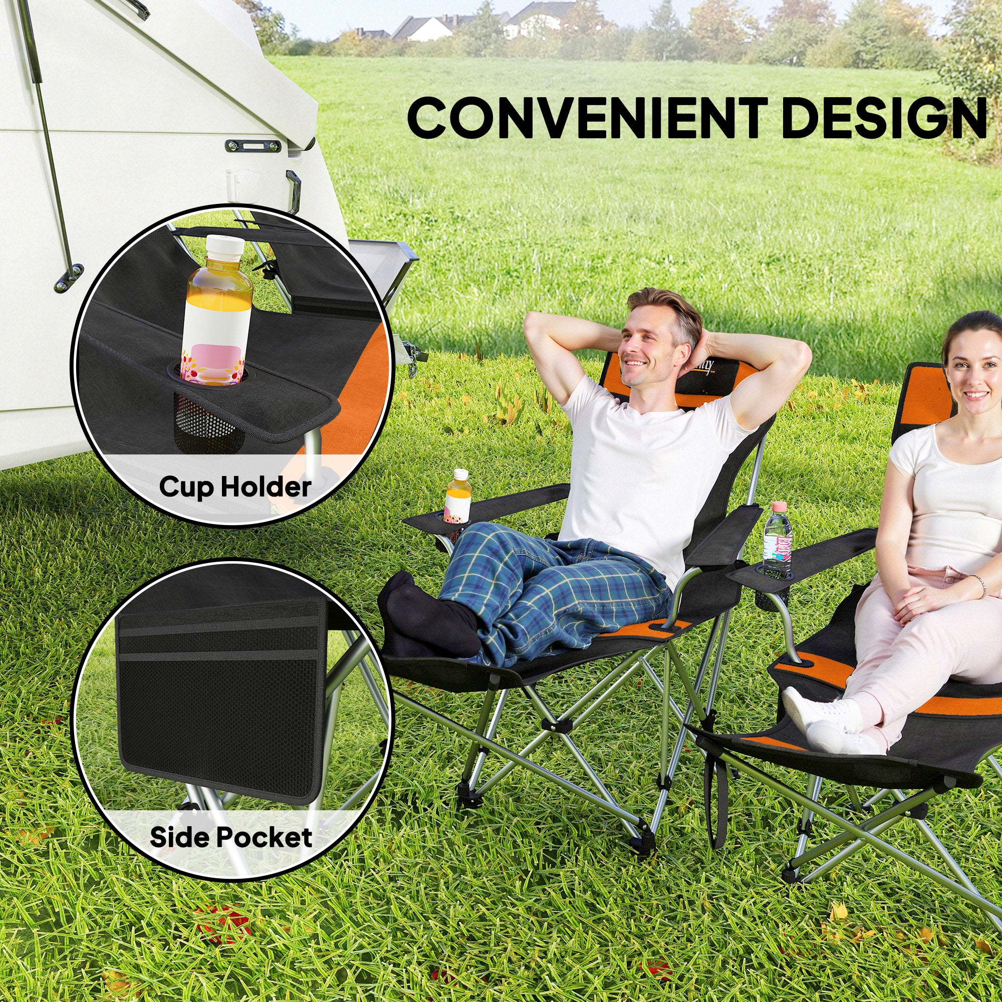 Outsunny Set of 2 Reclining Folding Camping Chair w/ Detachable Footrest, Storage Bag, Cup Holder & Headrest, Lightweight Portable Camp Chair for Beach, Picnic, Orange and Black - North Peak Garden Furniture