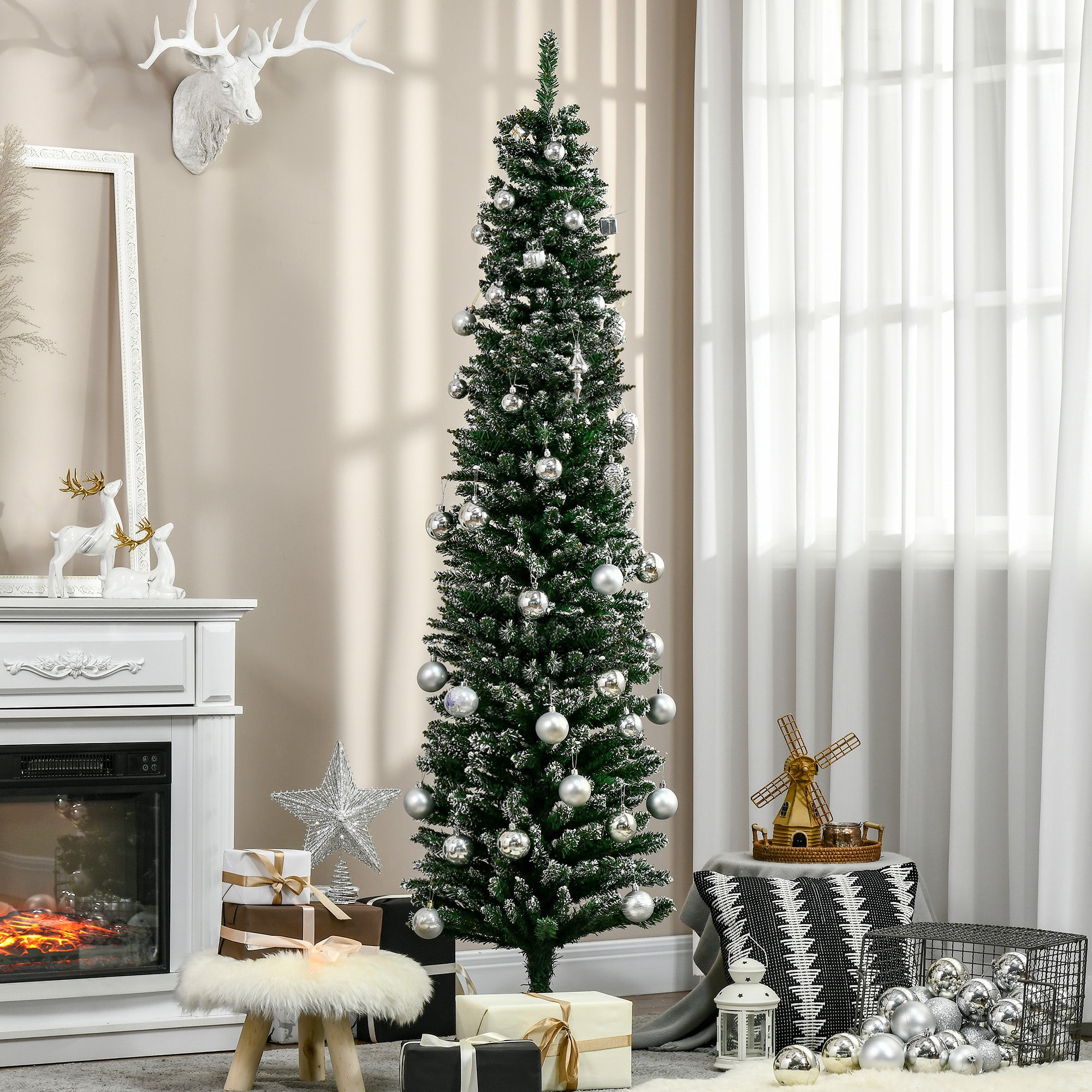 HOMCOM 6FT Artificial Snow Dipped Christmas Tree Xmas Pencil Tree Holiday Home Indoor Decoration with Foldable Black Stand, Green - North Peak Garden Furniture