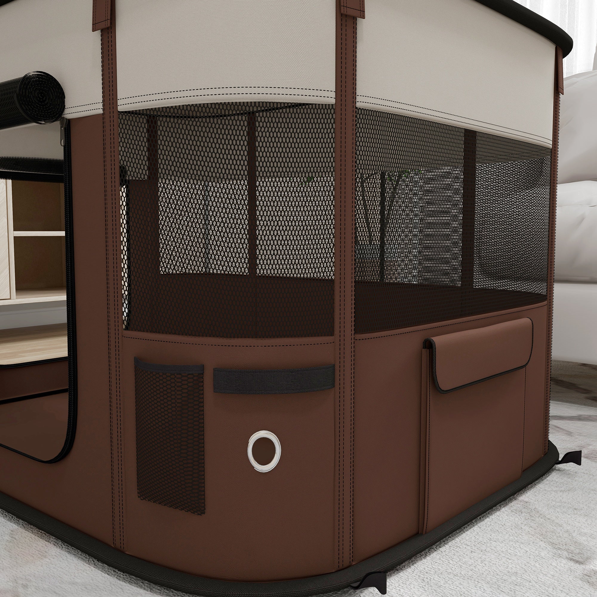 PawHut Foldable Dog Pen with Storage Bag for Indoor/Outdoor Use, Portable Pet playpen, with Ground Stakes - Brown - North Peak Garden Furniture
