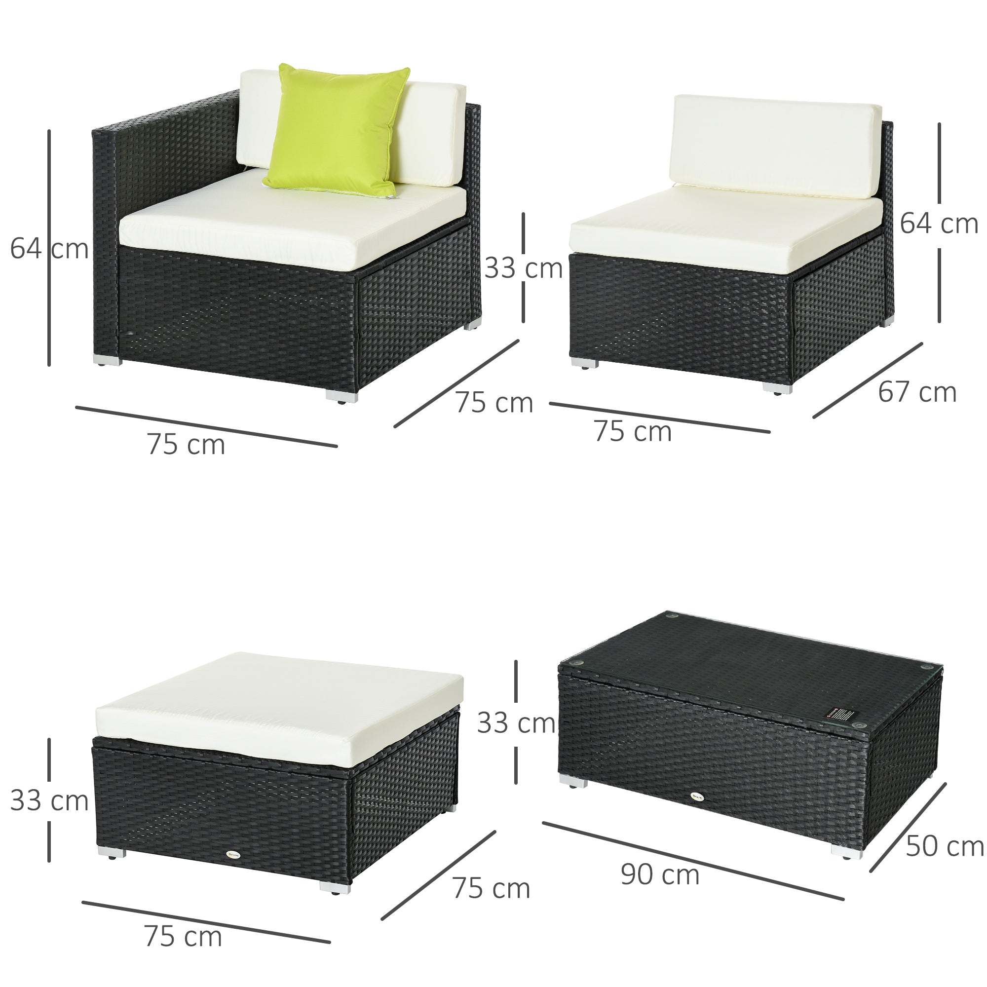 Outsunny 4-Seater Garden Rattan Furniture Outdoor Sectional Rattan Sofa Set Coffee Table Combo Patio Furniture Metal Frame w/ Cushion Pillows Black