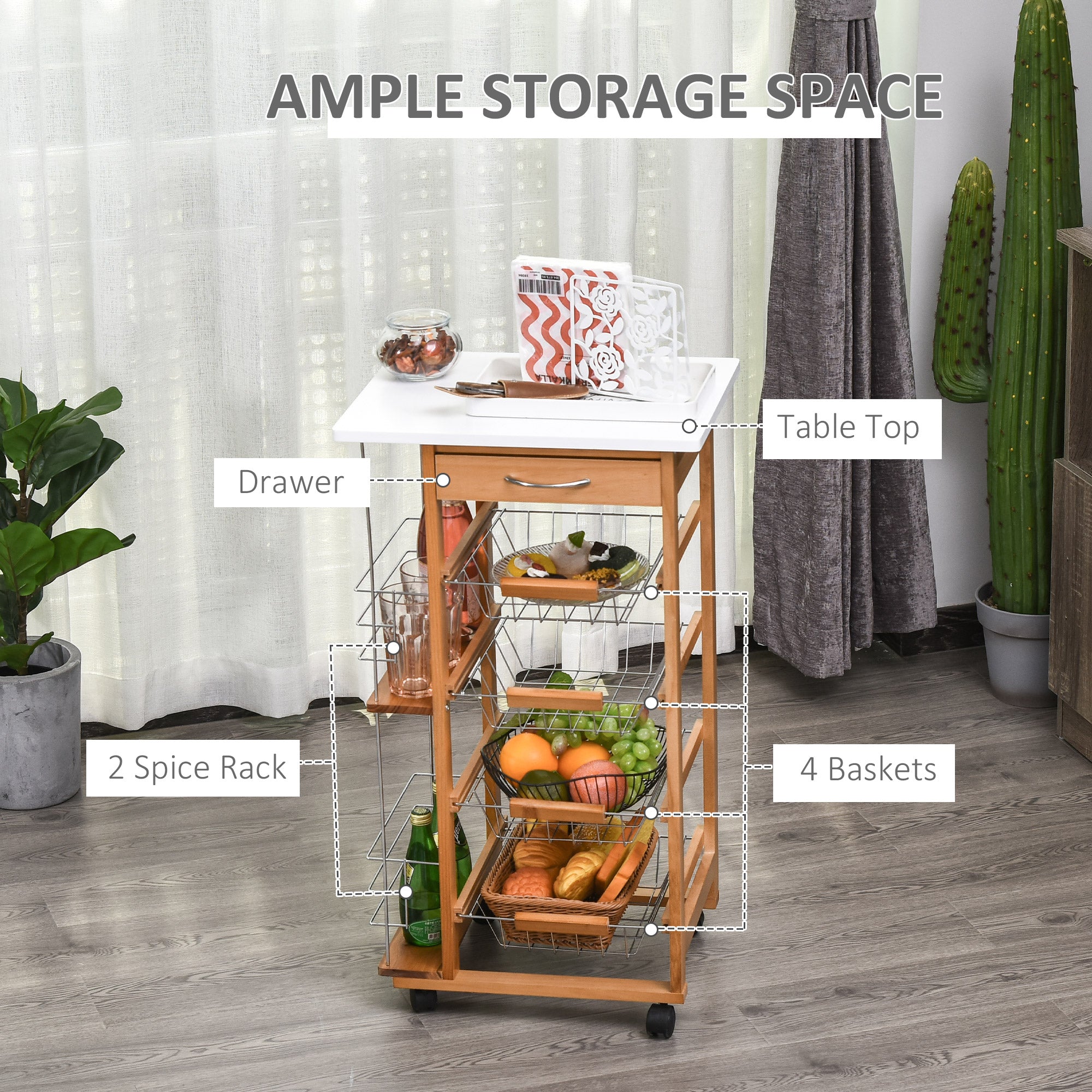 HOMCOM Rolling Kitchen Cart, Utility Storage Cart with 4 Basket Drawers & Side Racks, Wheels for Dining Room, Brown - North Peak Garden Furniture