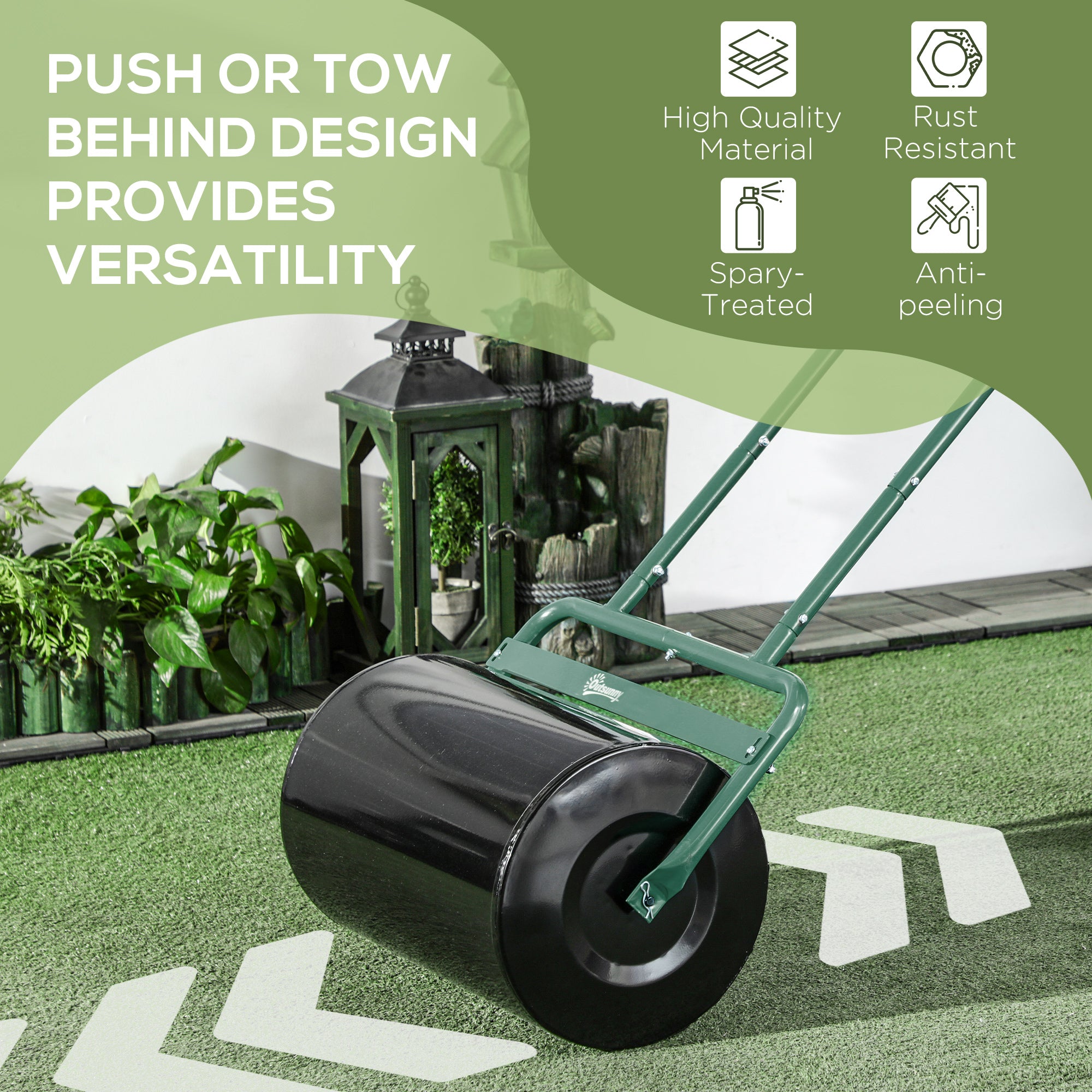 Outsunny 38L Fillable Cylinder Steel Lawn Roller - Dark Green - North Peak Garden Furniture