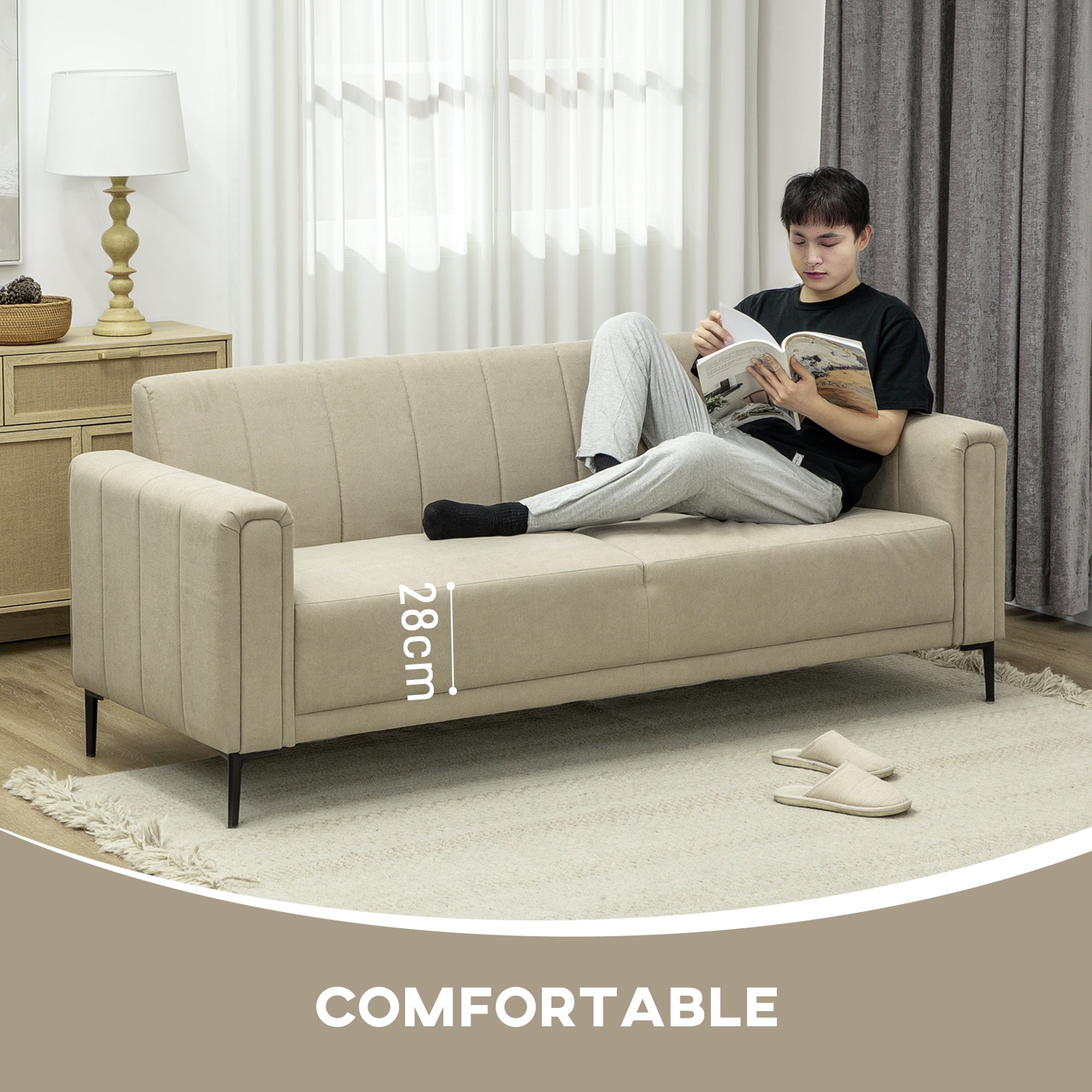 HOMCOM 3 Seater Sofa, Modern Fabric Sofa Couch, Channel Tufted Upholstered Sofa Settee for Living Room, Guest Room, Bedroom, Home Office, Khaki - North Peak Garden Furniture