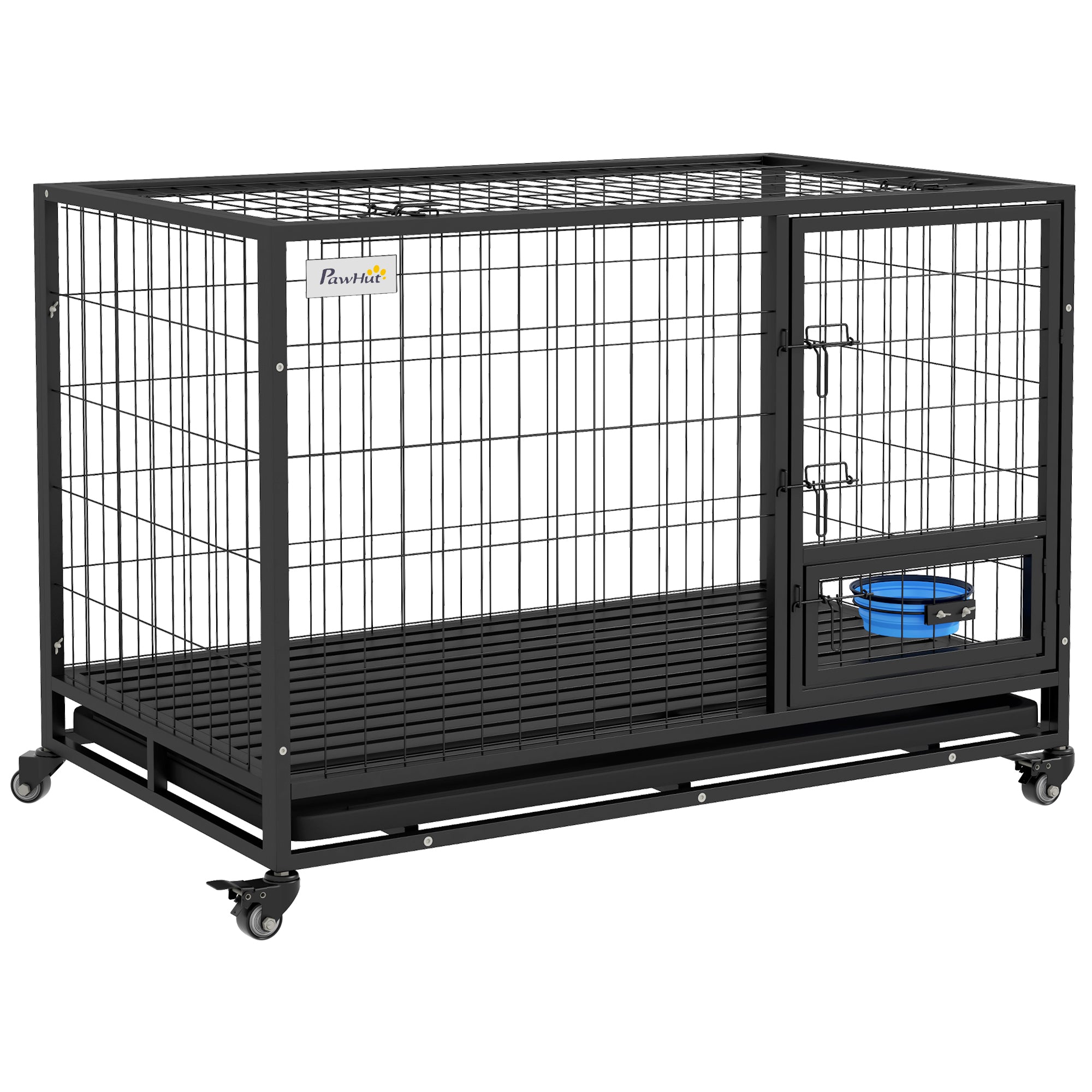 PawHut Heavy Duty Dog Crate on Wheels w/ Bowl Holder, Removable Tray, Openable Top, Detachable Door, for L, XL Dogs - North Peak Garden Furniture