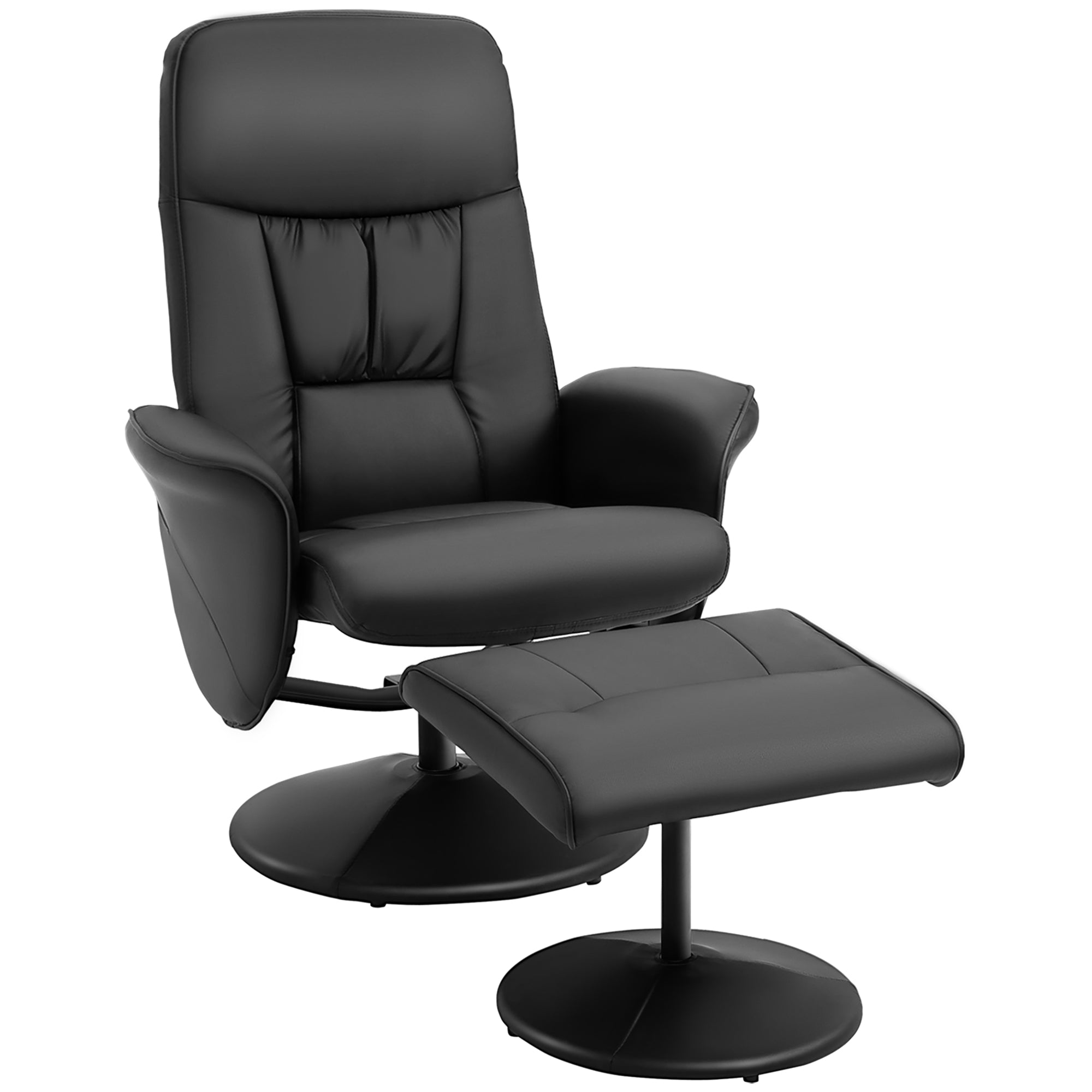 HOMCOM Swivel Recliner Chair with Footstool, PU Leather Armchair and Ottoman with High Back and Round Base for Living Room, Black - North Peak Garden Furniture