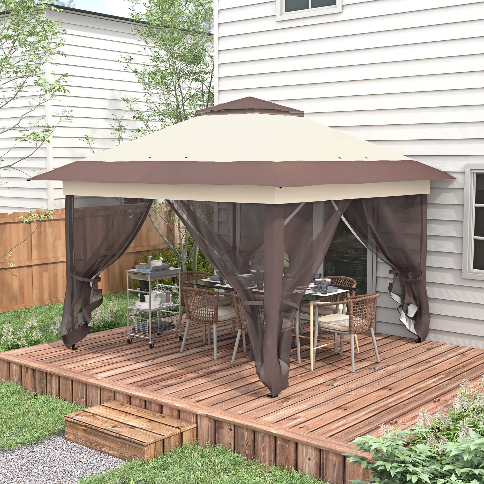 Outsunny 3.6 x 3.6 m Pop up Gazebo with Netting, Height Adjustable Party Tent Instant Canopy Sun Shade Shelter, Khaki - North Peak Garden Furniture
