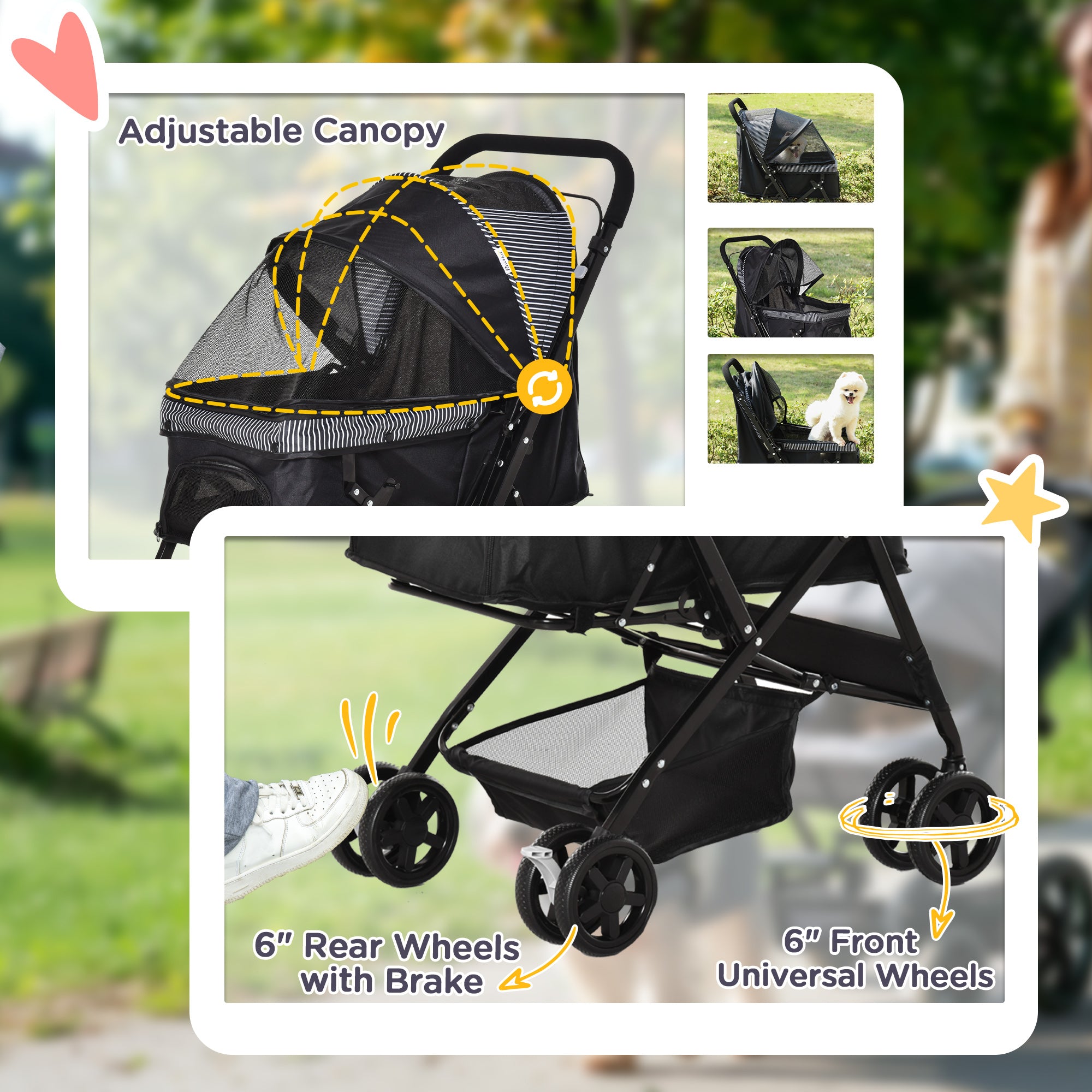 PawHut Pet Stroller Pushchair Foldable Travel Dog Cat Carriage w/ Reversible Handle Brake Basket - North Peak Garden Furniture