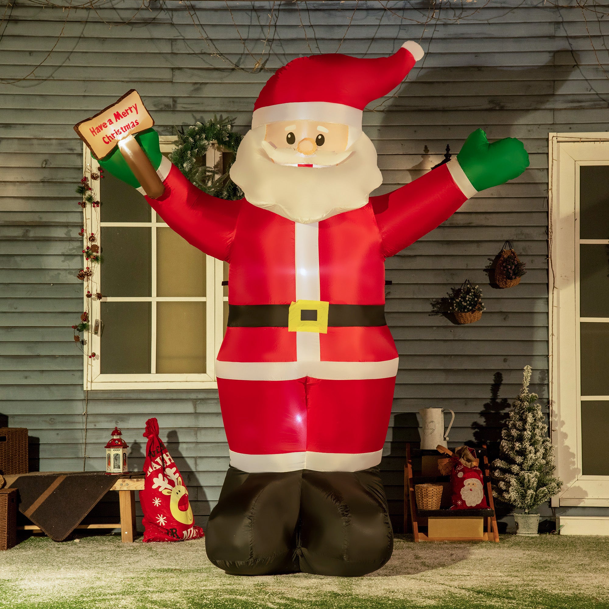 Outsunny 8ft Inflatable Christmas Santa Claus Holds Light Sign of Blessings, Blow-Up Outdoor LED Yard Display for Lawn Garden Party