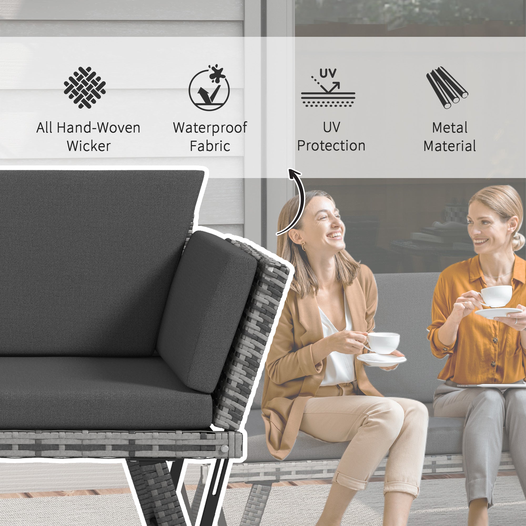 Outsunny 2 Seater Rattan Sofa with Cushions, 2-in-1 PE Rattan Daybed Sofa with Left Up or Down Armrests, Garden Chaise Lounger Loveseat for Outdoor, Patio, Mixed Grey - North Peak Garden Furniture
