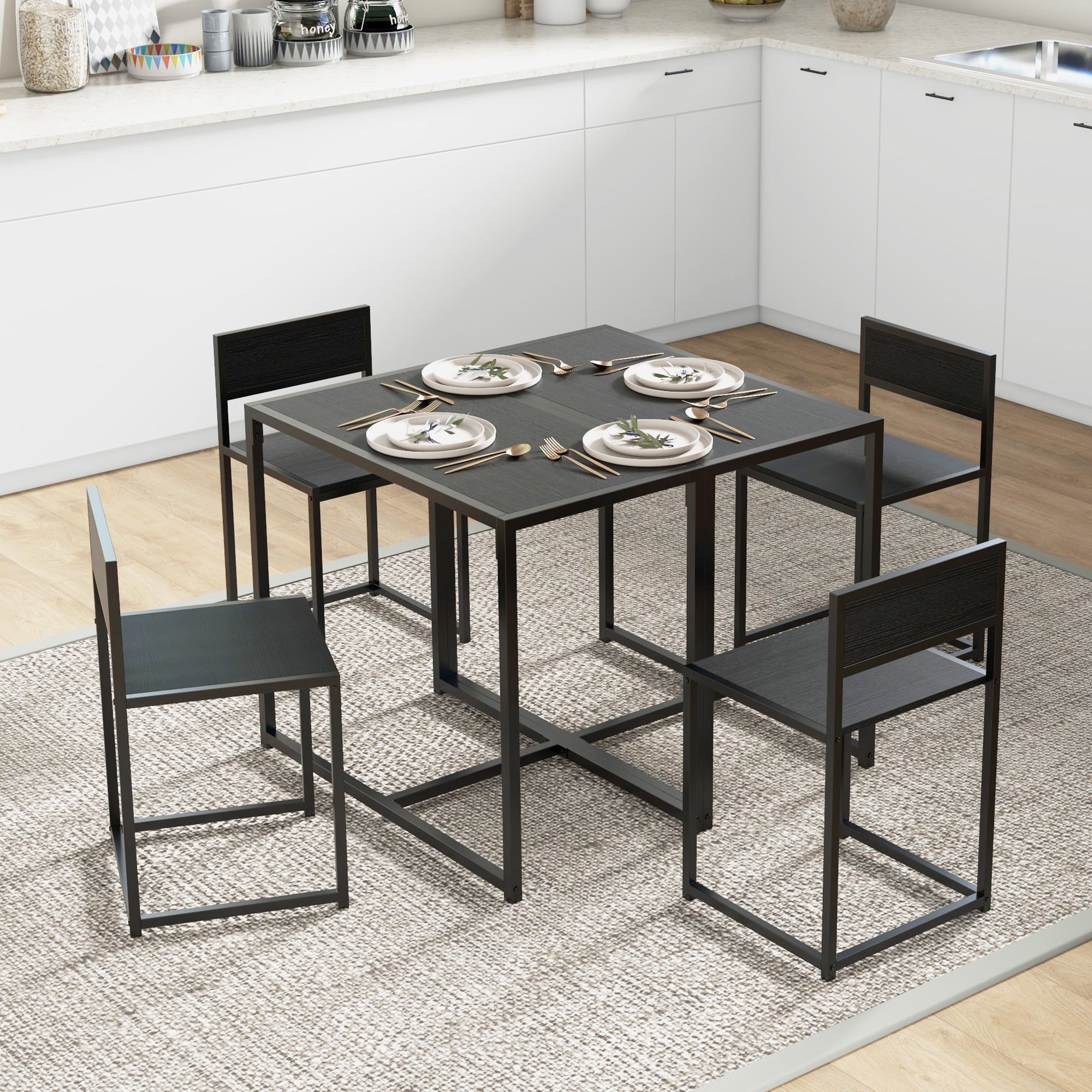 HOMCOM Dining Table and Chairs Set 2, Dining Room Sets, Rectangular Space Saving Table and 2 Chairs for Compact Kitchens, Steel Frame, Black - North Peak Garden Furniture