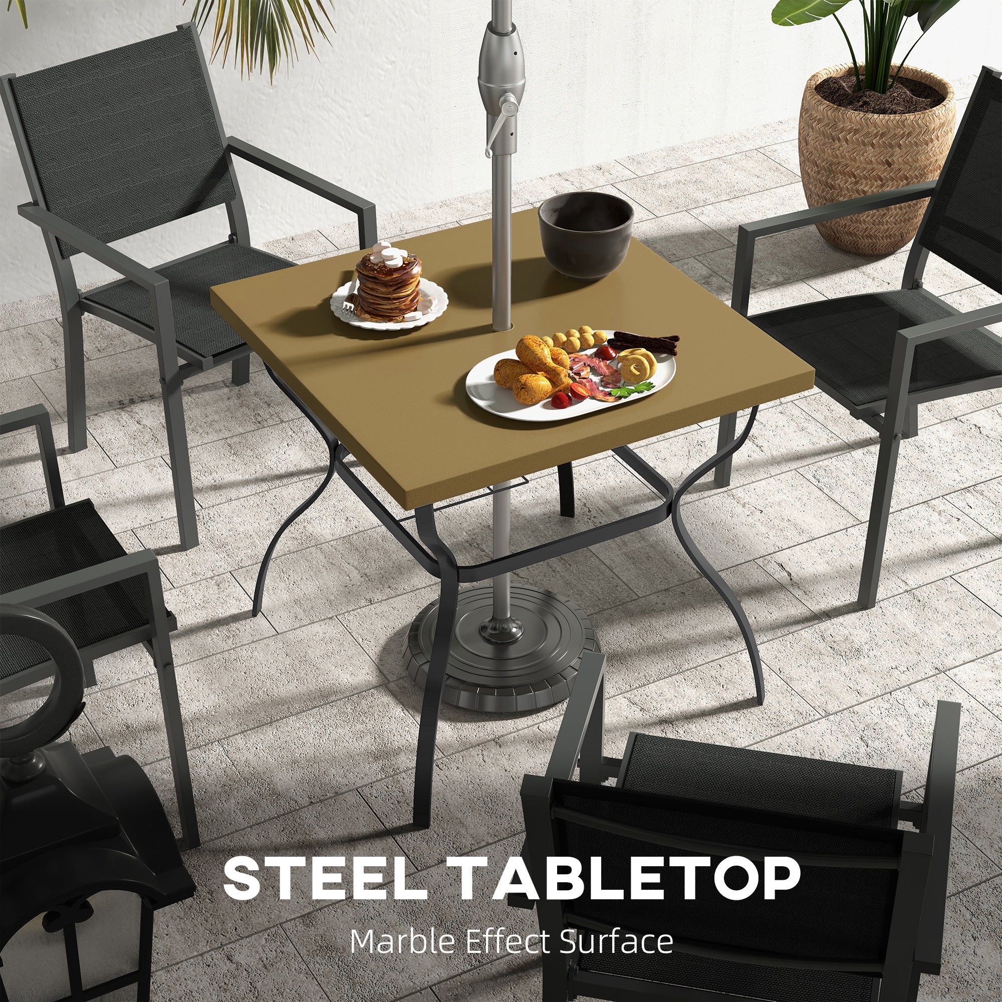 Outsunny Four-Seater Steel Garden Table, with Parasol Hole - Brown/Black - North Peak Garden Furniture