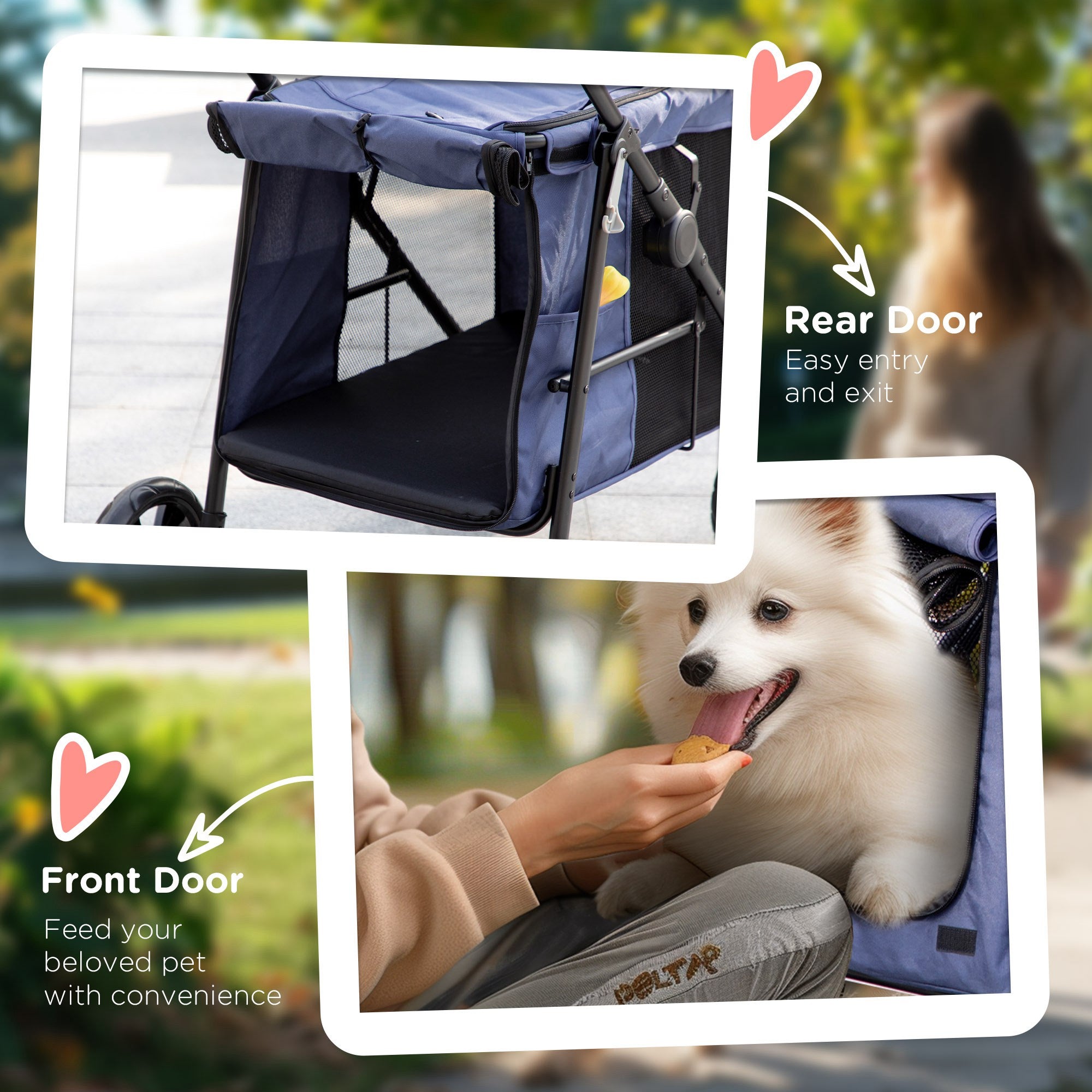 PawHut One-Click Foldable Dog Pushchair w/ EVA Wheels, Storage Bags, Mesh Windows, Doors, Safety Leash, Cushion, for Small Pets - Dark Blue