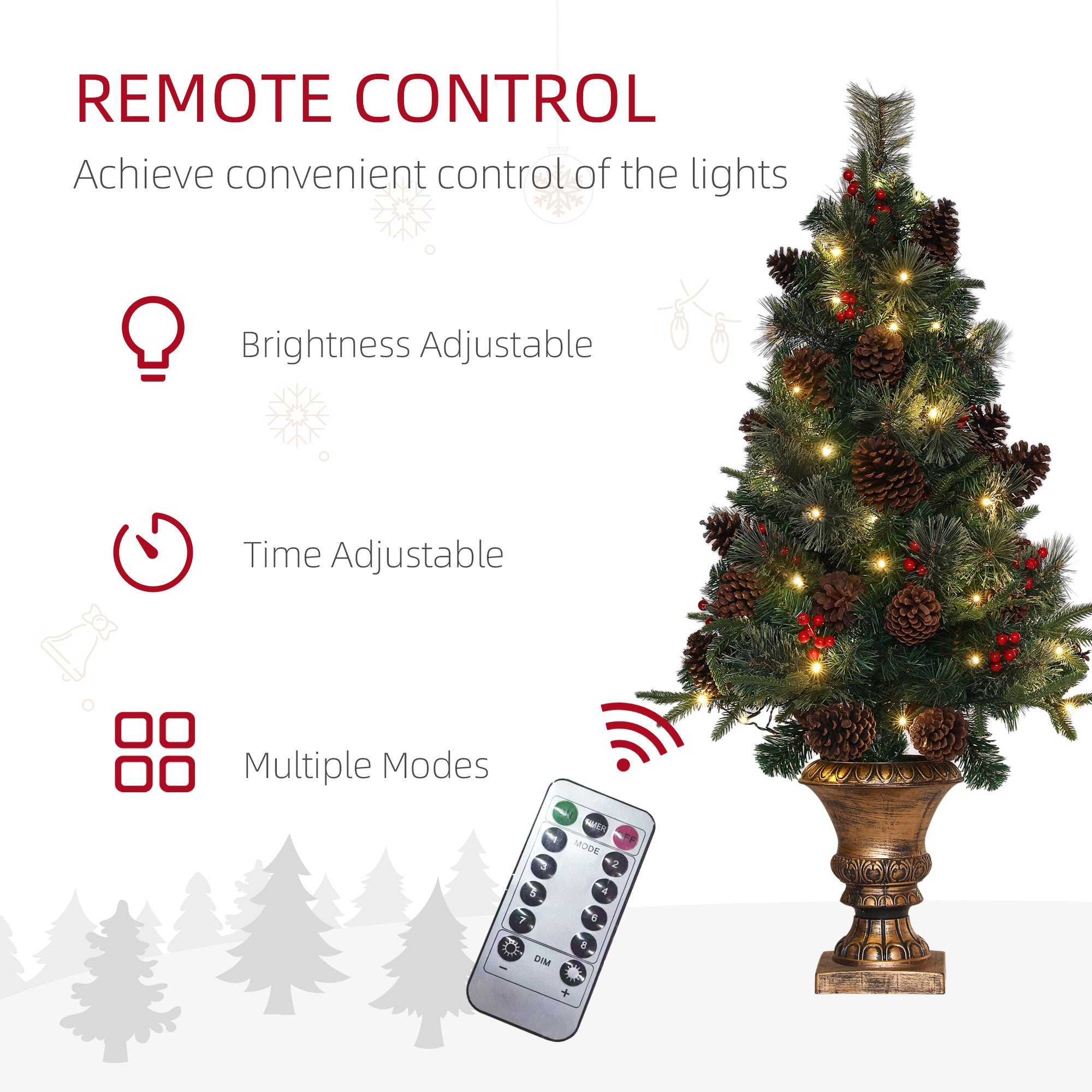 HOMCOM 4ft Artificial Christmas Tree with 60 Warm White LED Lights, 8 Modes and Remote, Realistic Xmas Tree with Trophy Stand for Party Decoration, Green - North Peak Garden Furniture