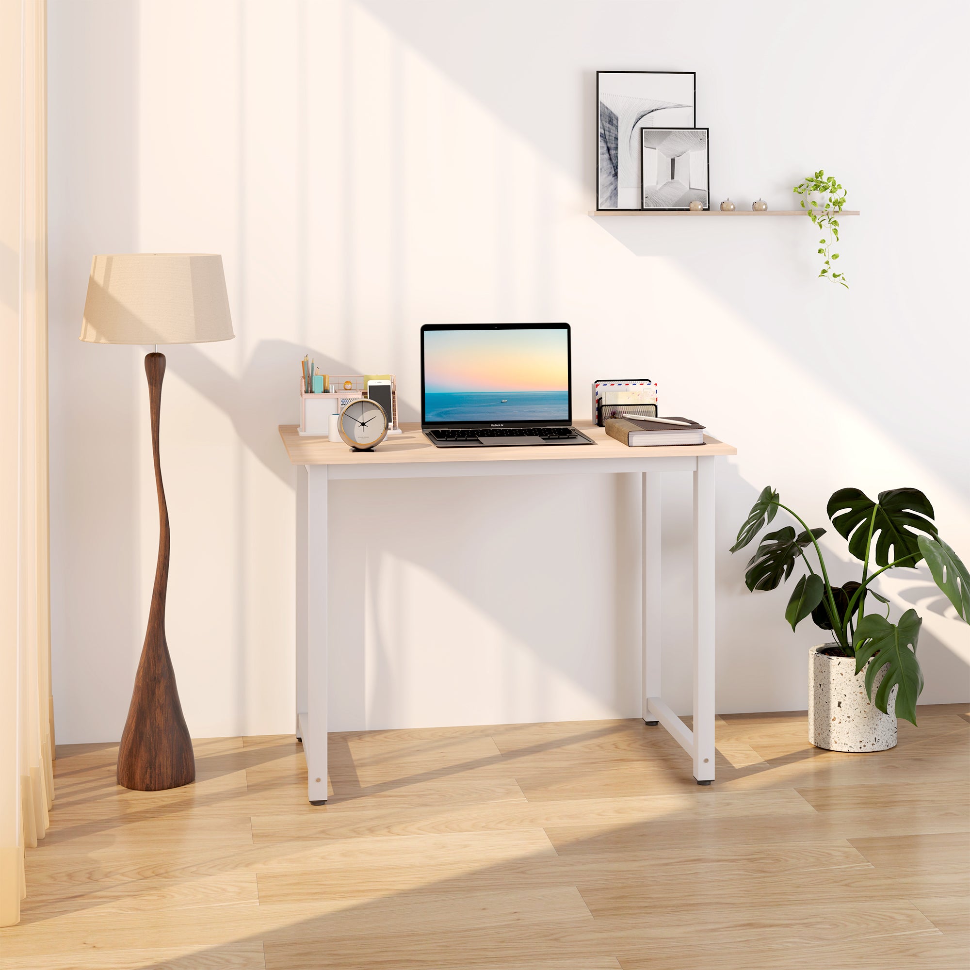 HOMCOM Computer Desk, Writing Table, 100 x 60 x 76cm Workstation for Home Office, Study with Metal Frame, Simple Assembly, White - North Peak Garden Furniture