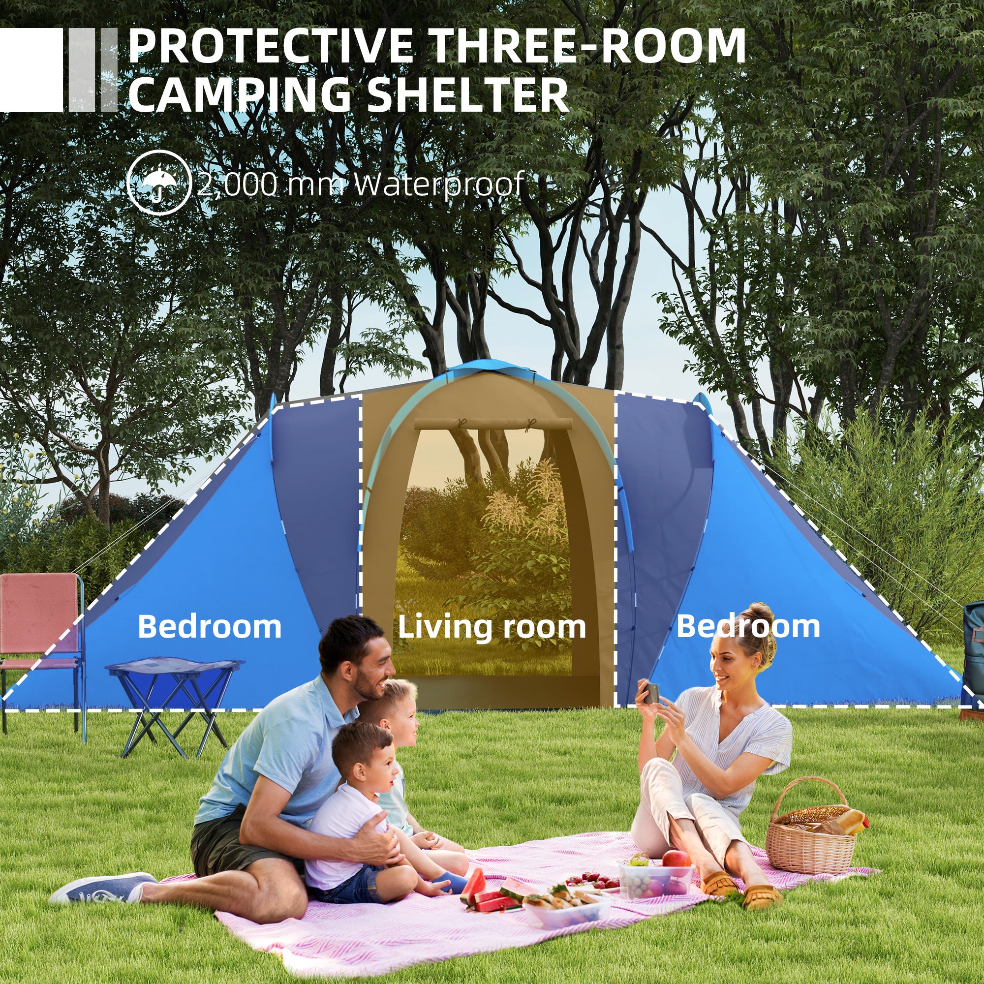 Outsunny Large Camping Tent Tunnel Tent with 2 Bedroom and Living Area, 2000mm Waterproof, Portable with Bag for 4-6 Man, Blue - North Peak Garden Furniture