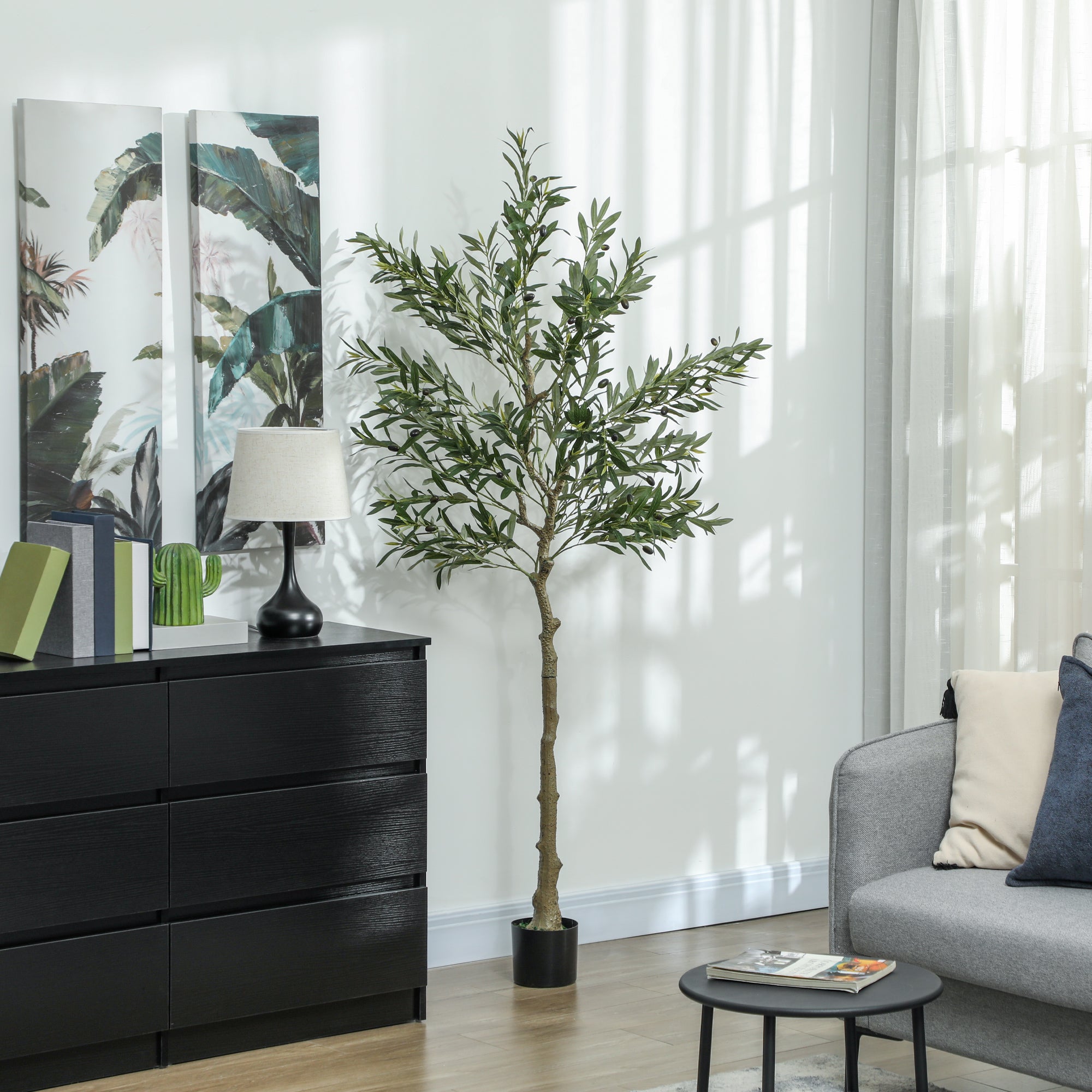 HOMCOM 6ft/ 180cm Decorative Artificial Plant, Silk Olive Tree with 900 Leaves and 40 Olive Fruits in Pot, Fake Plant for Home, Office, Living Room, Indoor Decor - North Peak Garden Furniture