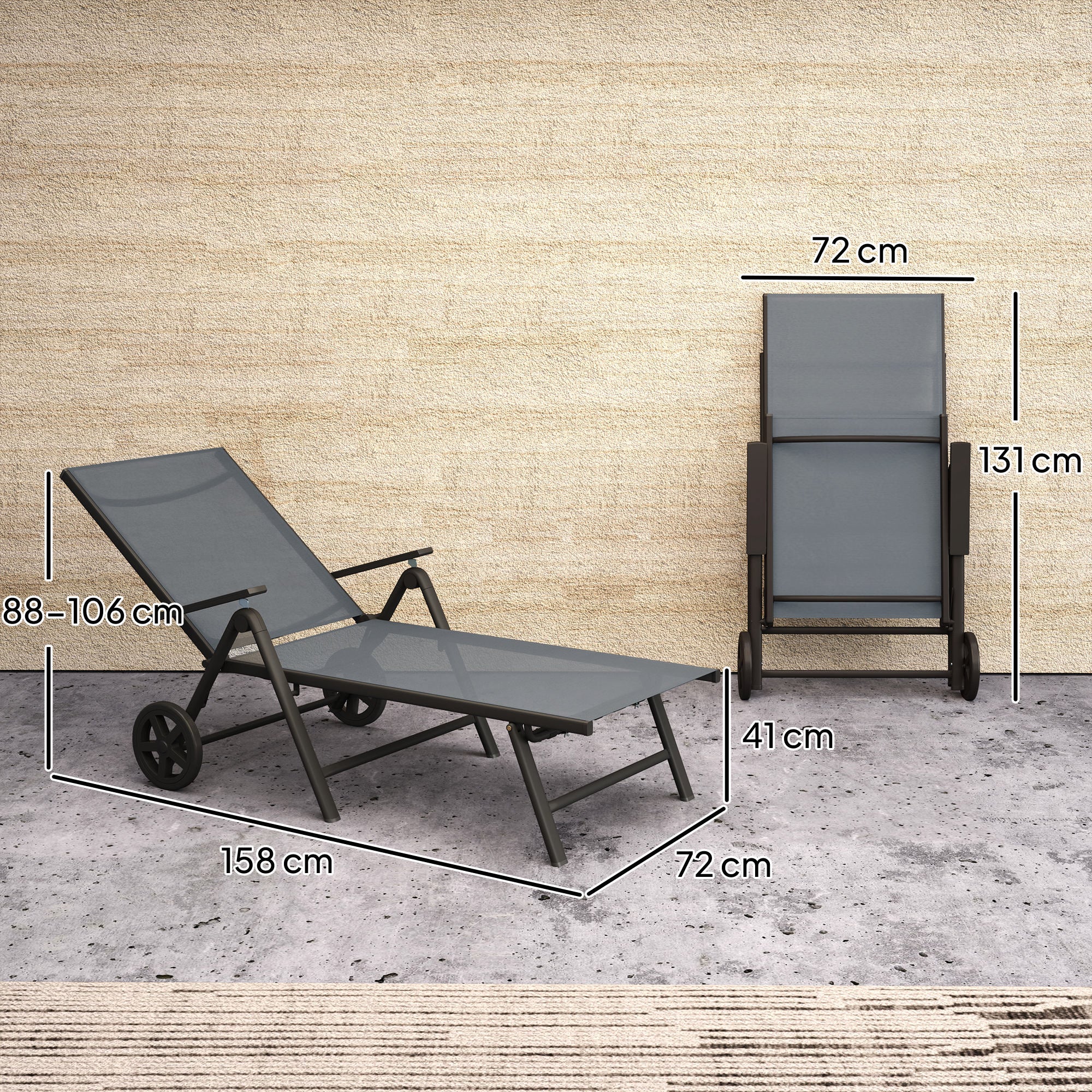 Outsunny Folding Sun Lounger with Wheels, 5-Position Adjustable Garden Chaise Lounge Sunbed with Armrests, Metal Frame Outdoor Portable Reclining Chair for Beach, Porch, Grey - North Peak Garden Furniture