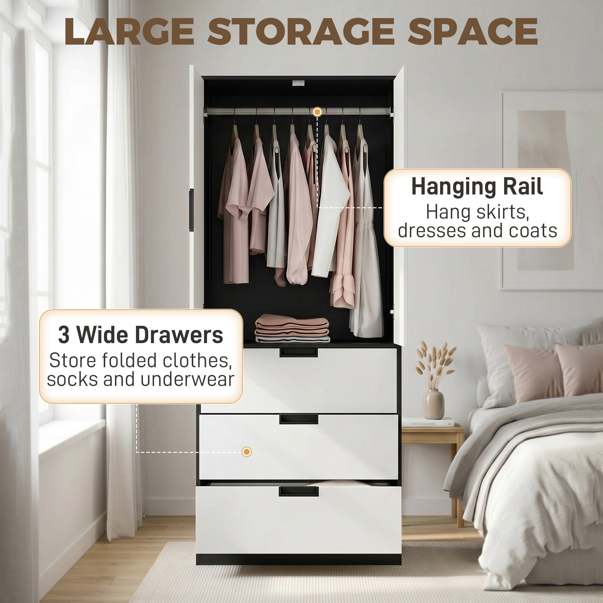 HOMCOM 2 Door Wardrobe, Modern Wardrobe with 3 Drawers and Hanging Rod for Bedroom, Black