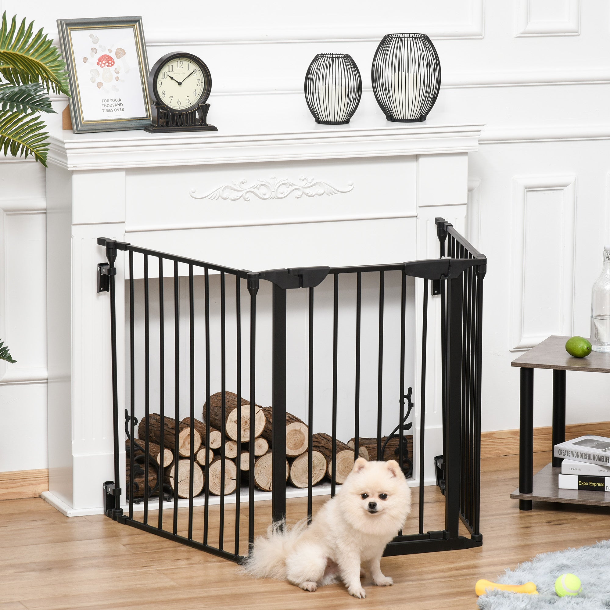 PawHut Pet Safety Gate, 3 Panels Playpen Fireplace, Metal Fence, Stair Barrier, Room Divider w/ Walk-Through Door - Black - North Peak Garden Furniture