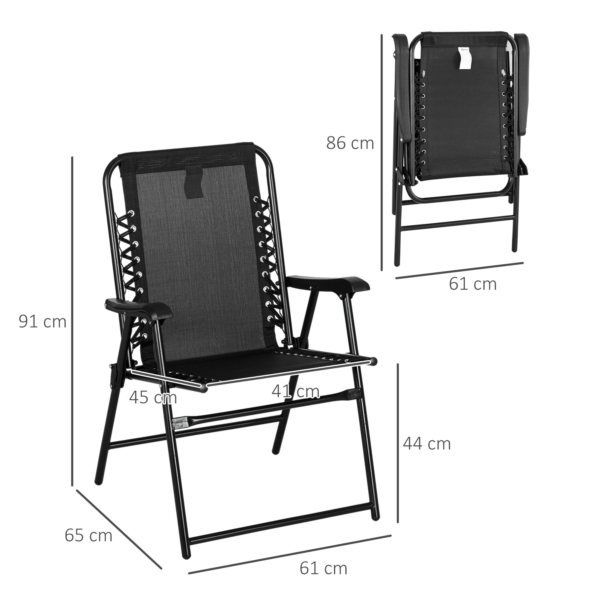 Outsunny 2 Pcs Patio Folding Chair Set, Outdoor Portable Loungers for Camping Pool Beach Deck, Lawn w/ Armrest Steel Frame Black - North Peak Garden Furniture