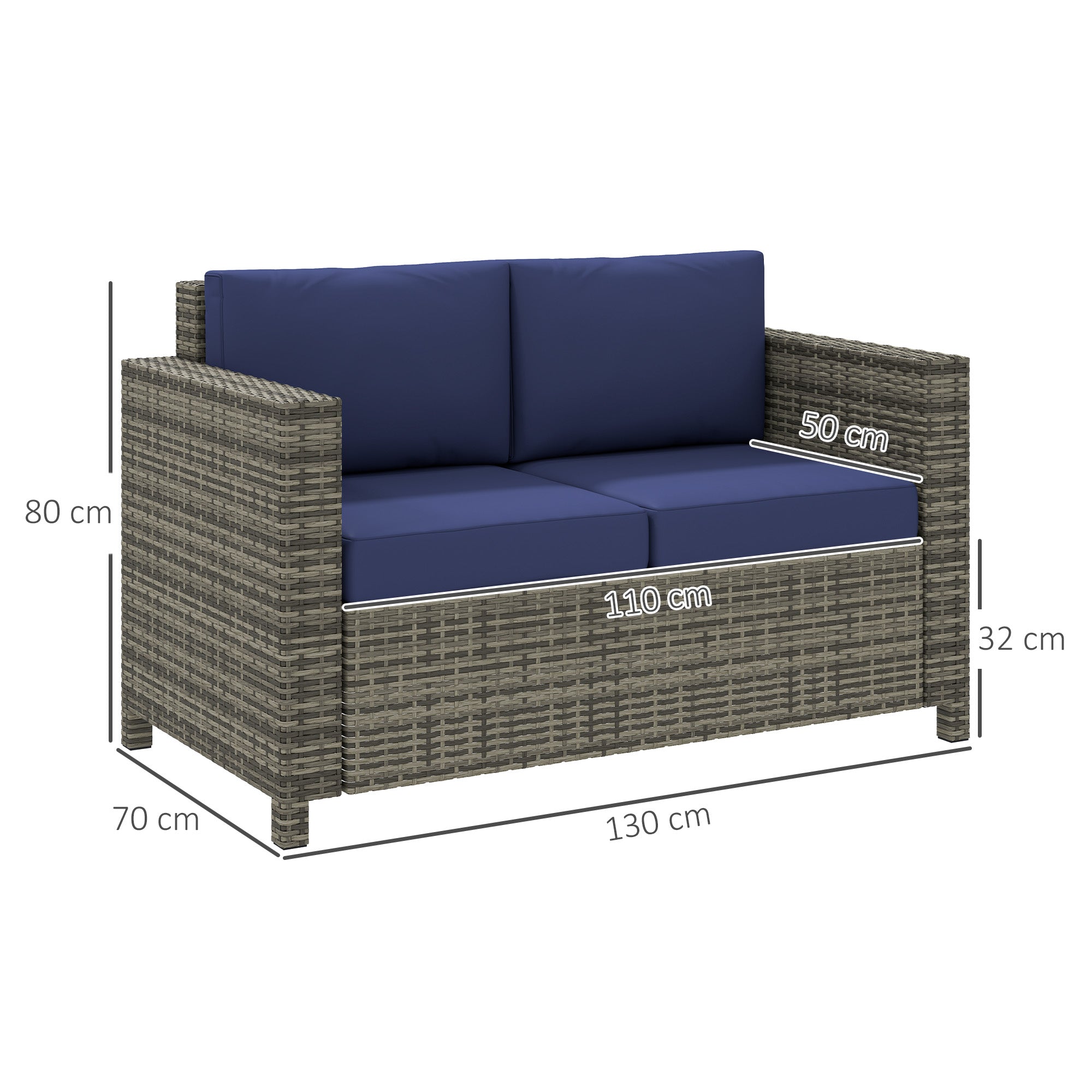 Outsunny 2 Seater Garden Furniture, Rattan Sofa with Soft Padded Cushion and Armrests, Wicker Garden Loveseat for Patio, Navy Blue - North Peak Garden Furniture